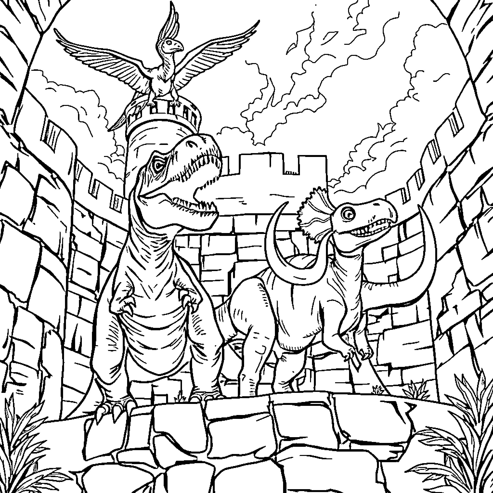 Dinosaurs guarding a castle in a storm Coloring Page (free black-and-white line drawing printable PDF for all, from beginners to advanced learners, including children, teens, adults, and seniors)