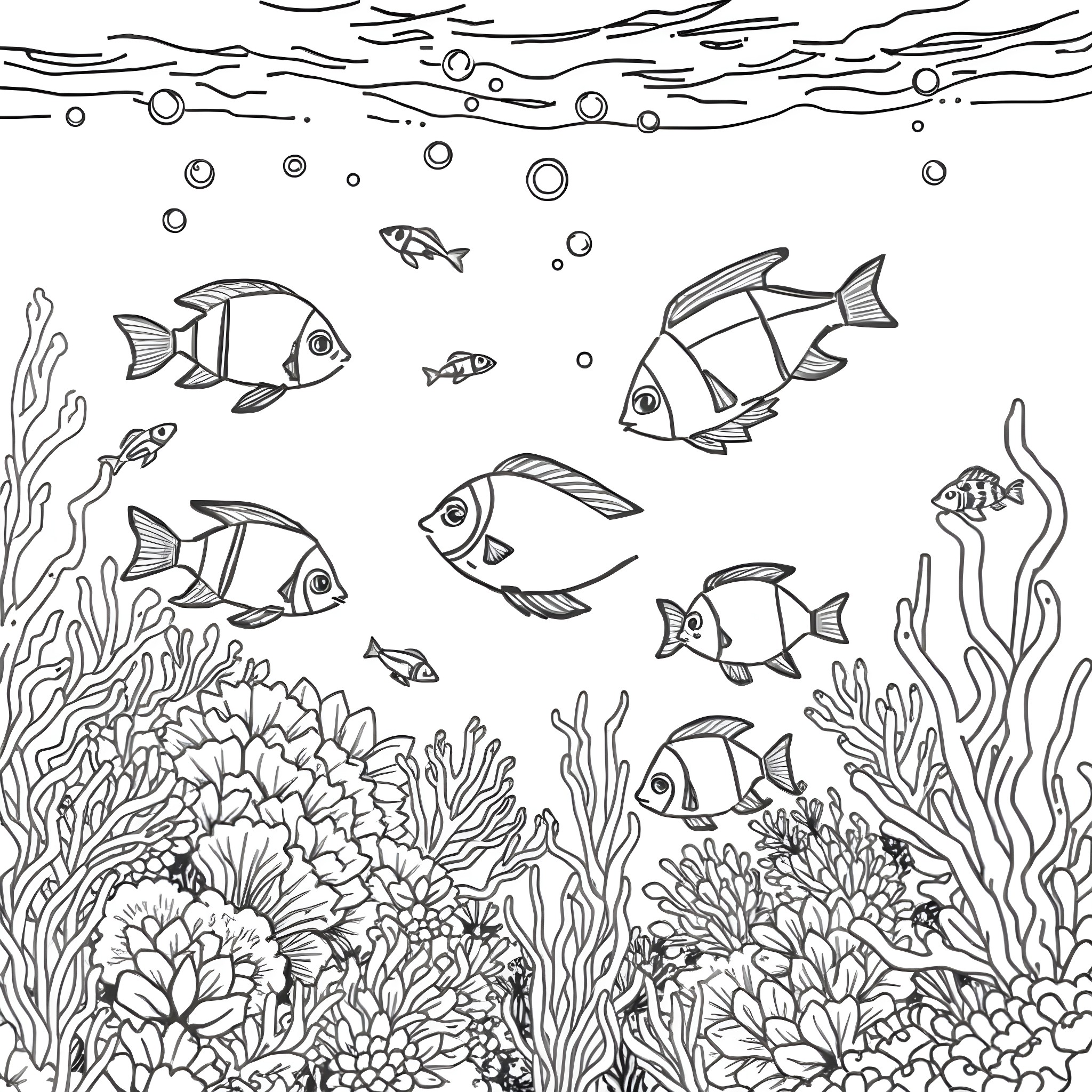 Fish swimming among coral reefs in the ocean Coloring Page (free black-and-white line drawing printable PDF for all, from beginners to advanced learners, including children, teens, adults, and seniors)