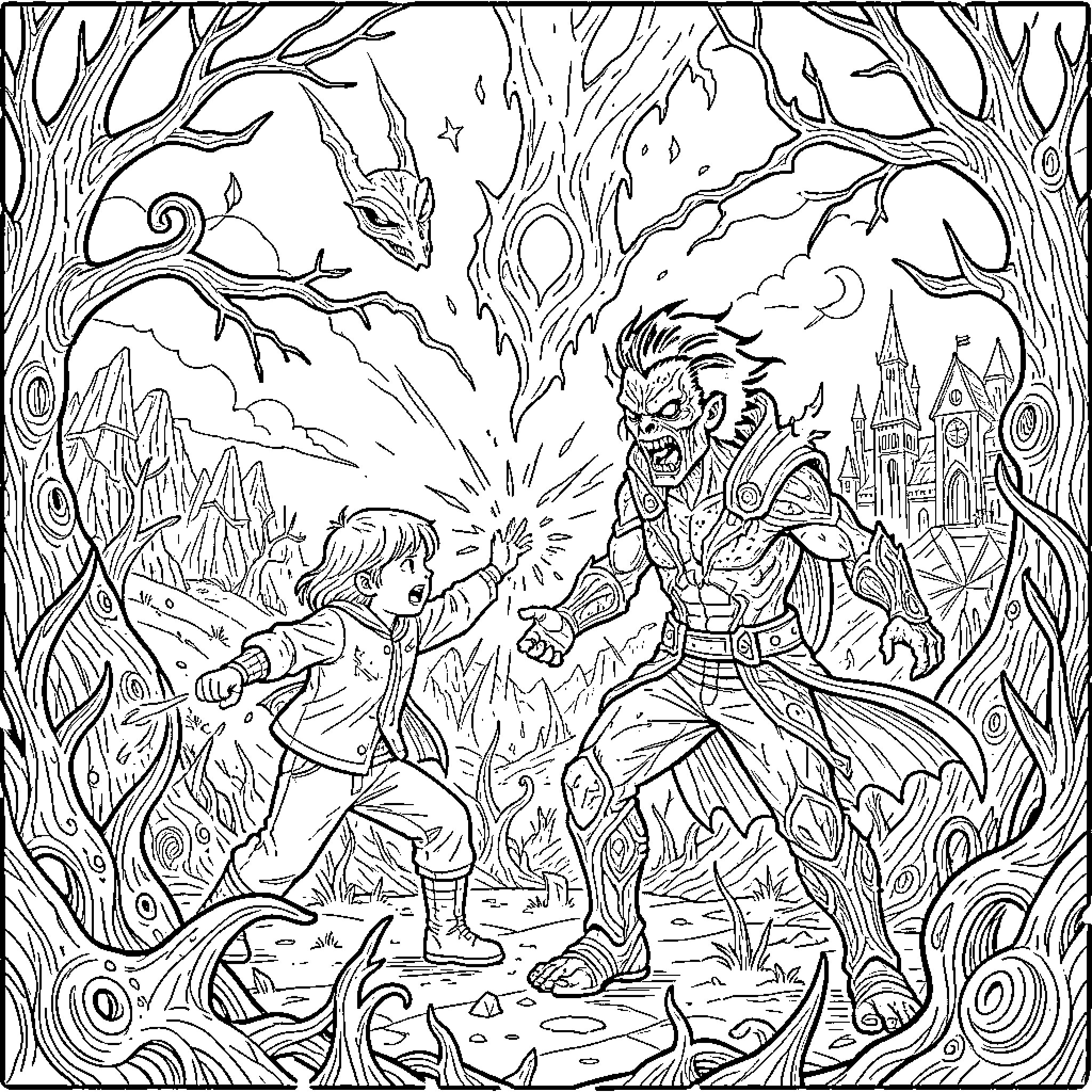 11 Child confronting a menacing monster in a forest Coloring Page (free black-and-white line drawing printable PDF for all, from beginners to advanced learners, including children, teens, adults, and seniors)