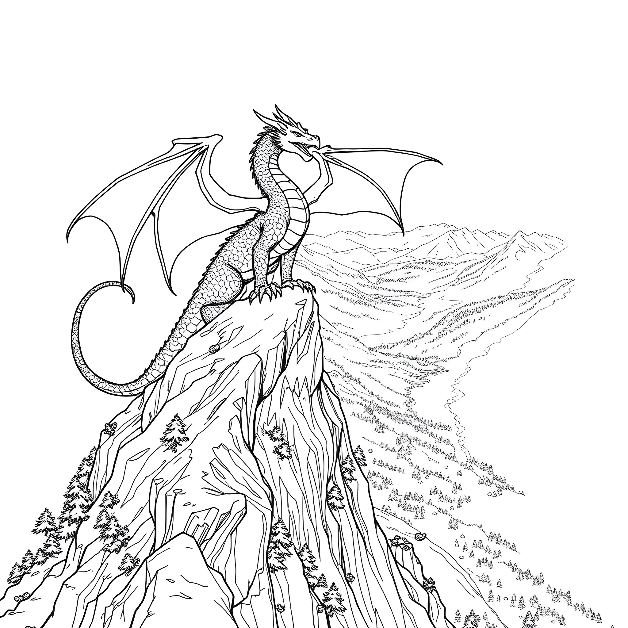 Dragon spreading its wings atop a majestic mountain Coloring Page (free black-and-white line drawing printable PDF for all, from beginners to advanced learners, including children, teens, adults, and seniors)