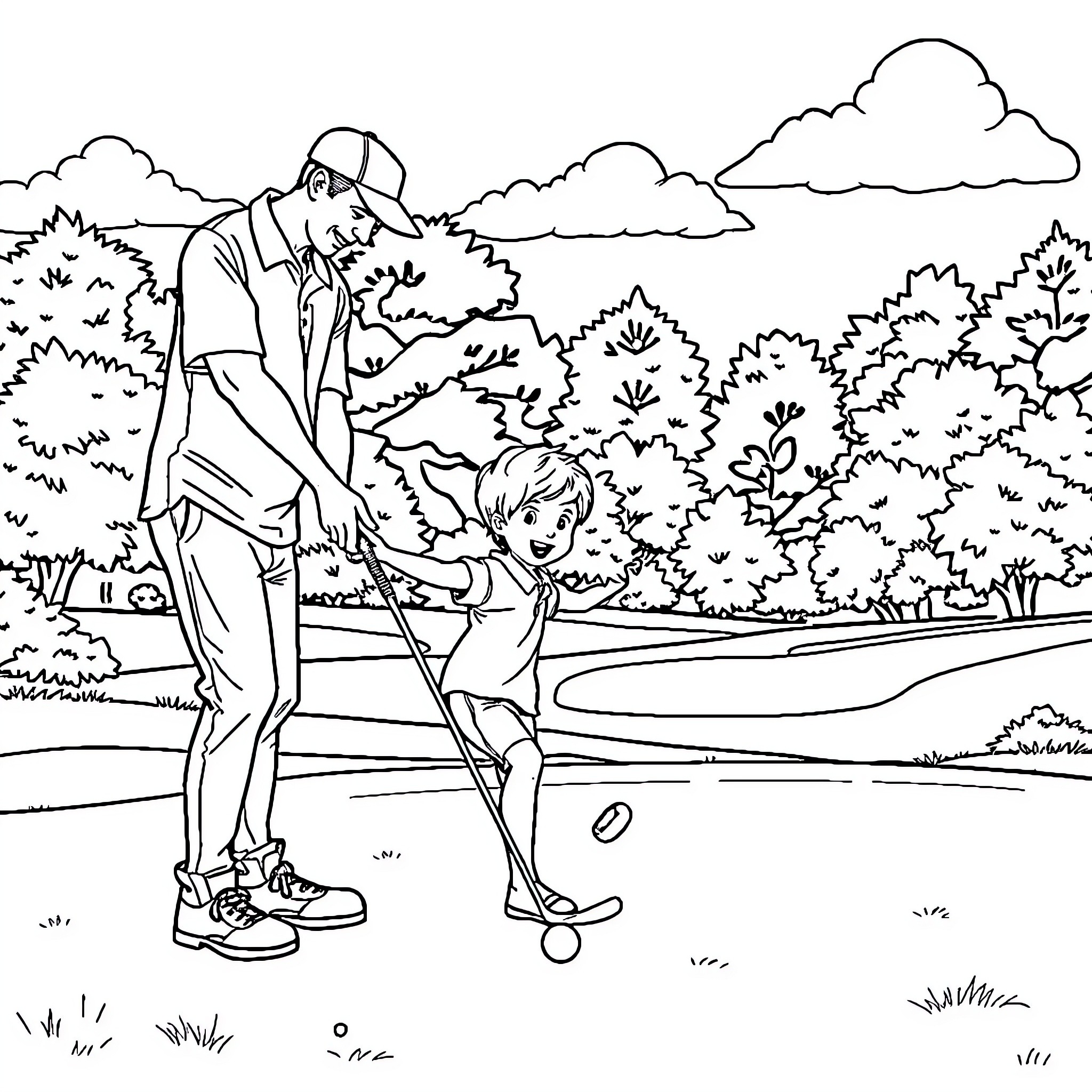 Child learning to play golf with adult guide Coloring Page (free black-and-white line drawing printable PDF for all, from beginners to advanced learners, including children, teens, adults, and seniors)