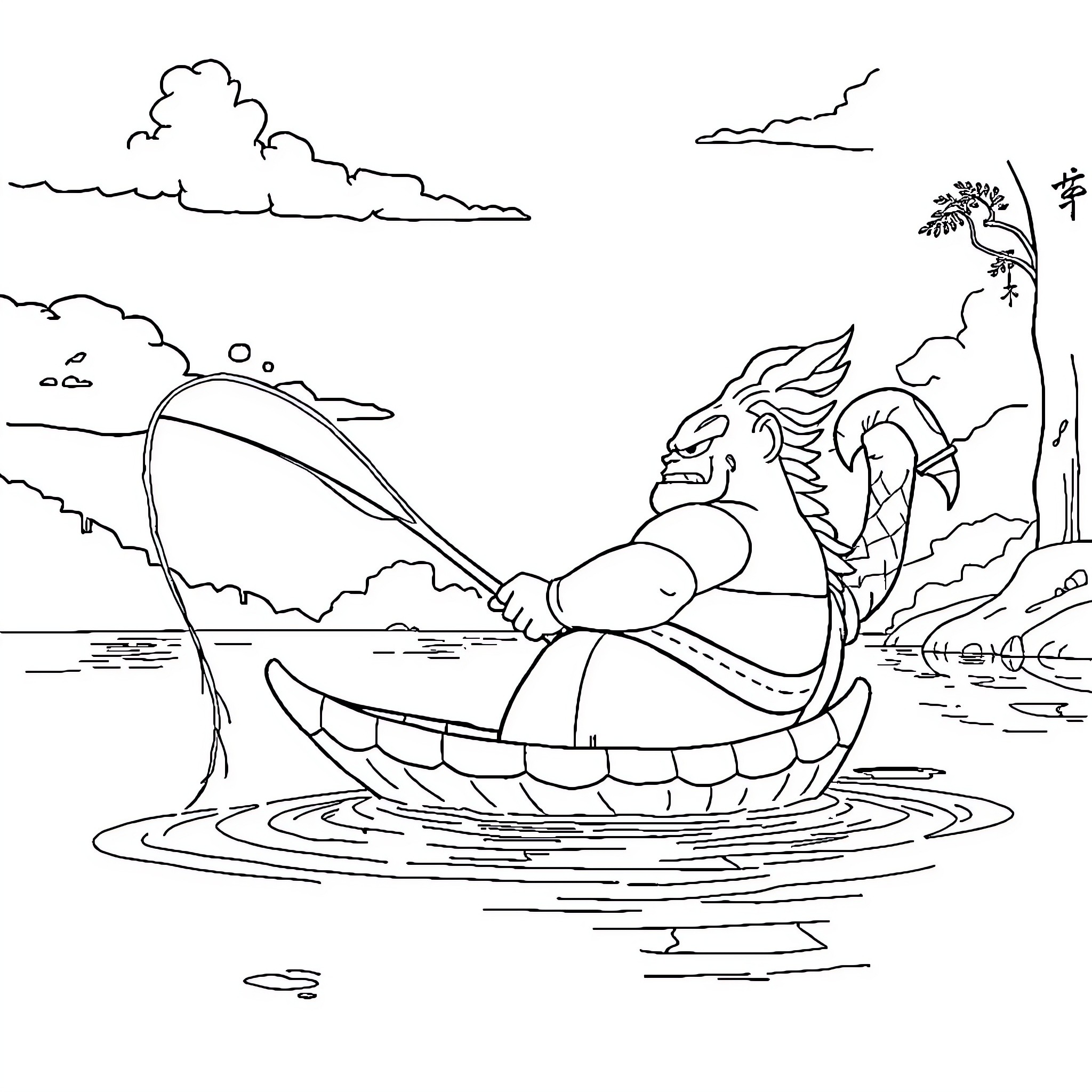 Predator dragon sailing a fantastical boat Coloring Page (free black-and-white line drawing printable PDF for all, from beginners to advanced learners, including children, teens, adults, and seniors)