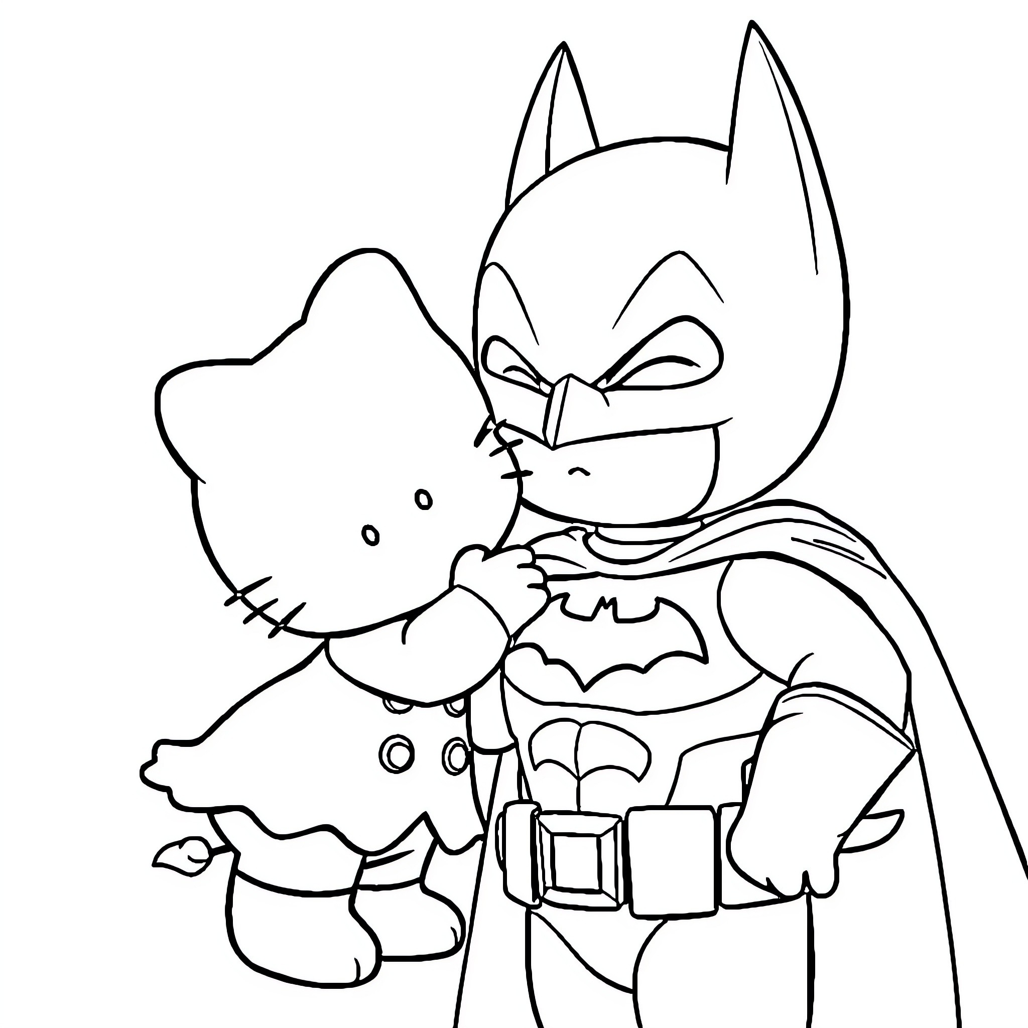 Hello Kitty as Batman character Coloring Page (free black-and-white line drawing printable PDF for all, from beginners to advanced learners, including children, teens, adults, and seniors)