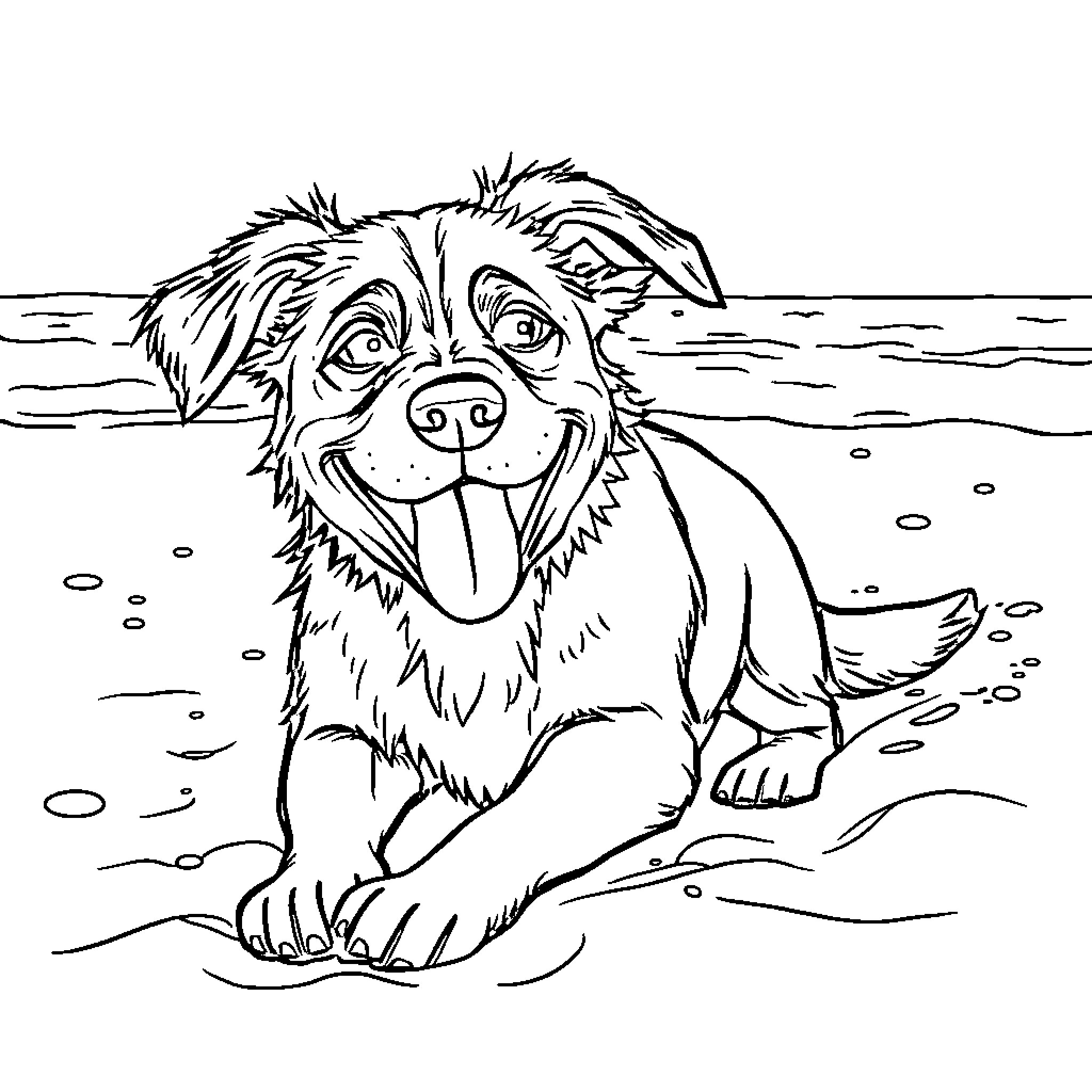 Dog playing joyfully on the beach Coloring Page (free black-and-white line drawing printable PDF for all, from beginners to advanced learners, including children, teens, adults, and seniors)