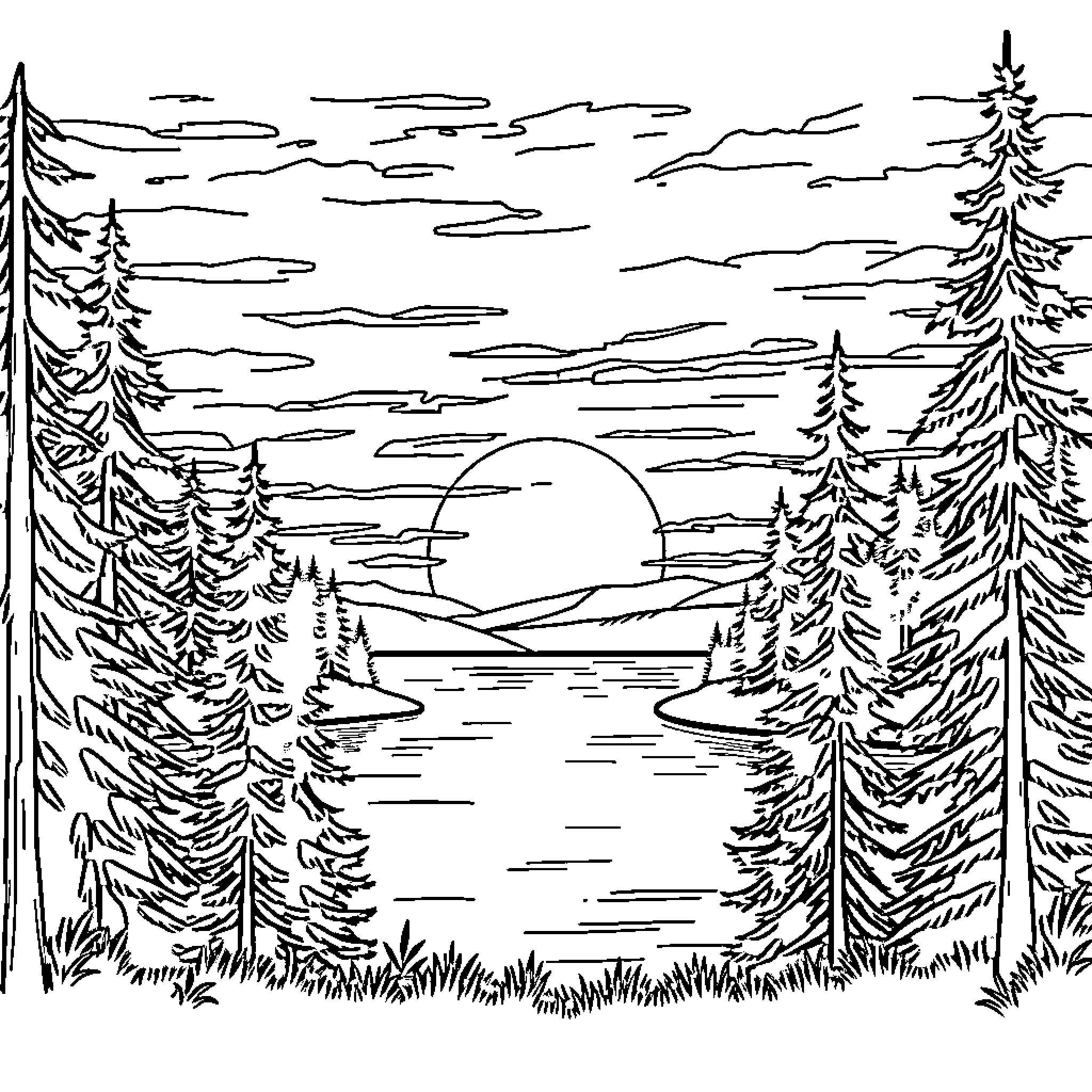 Sunset in the tranquil forest landscape Coloring Page (free black-and-white line drawing printable PDF for all, from beginners to advanced learners, including children, teens, adults, and seniors)