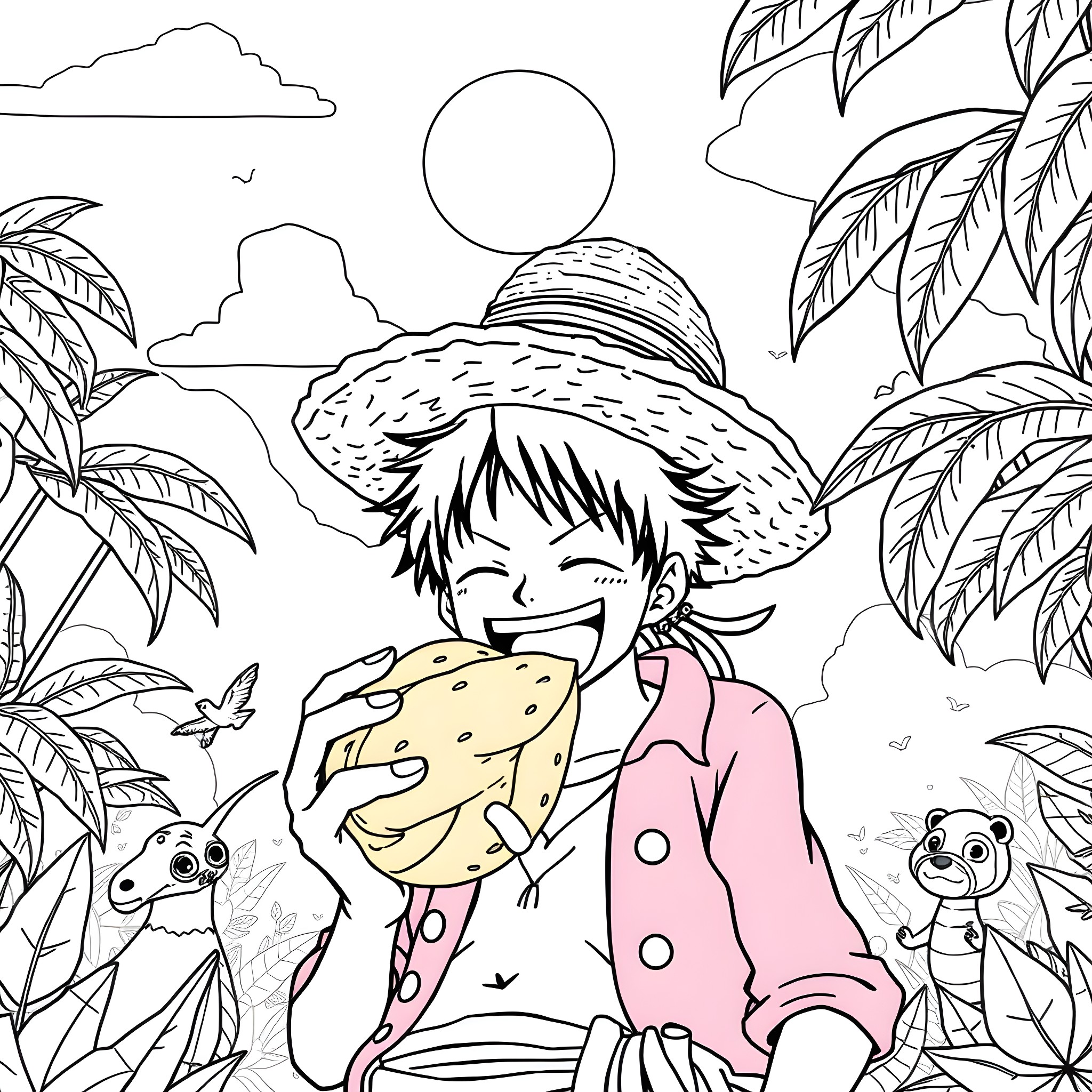 Luffy enjoying a summer day in the tropics Coloring Page (free black-and-white line drawing printable PDF for all, from beginners to advanced learners, including children, teens, adults, and seniors)