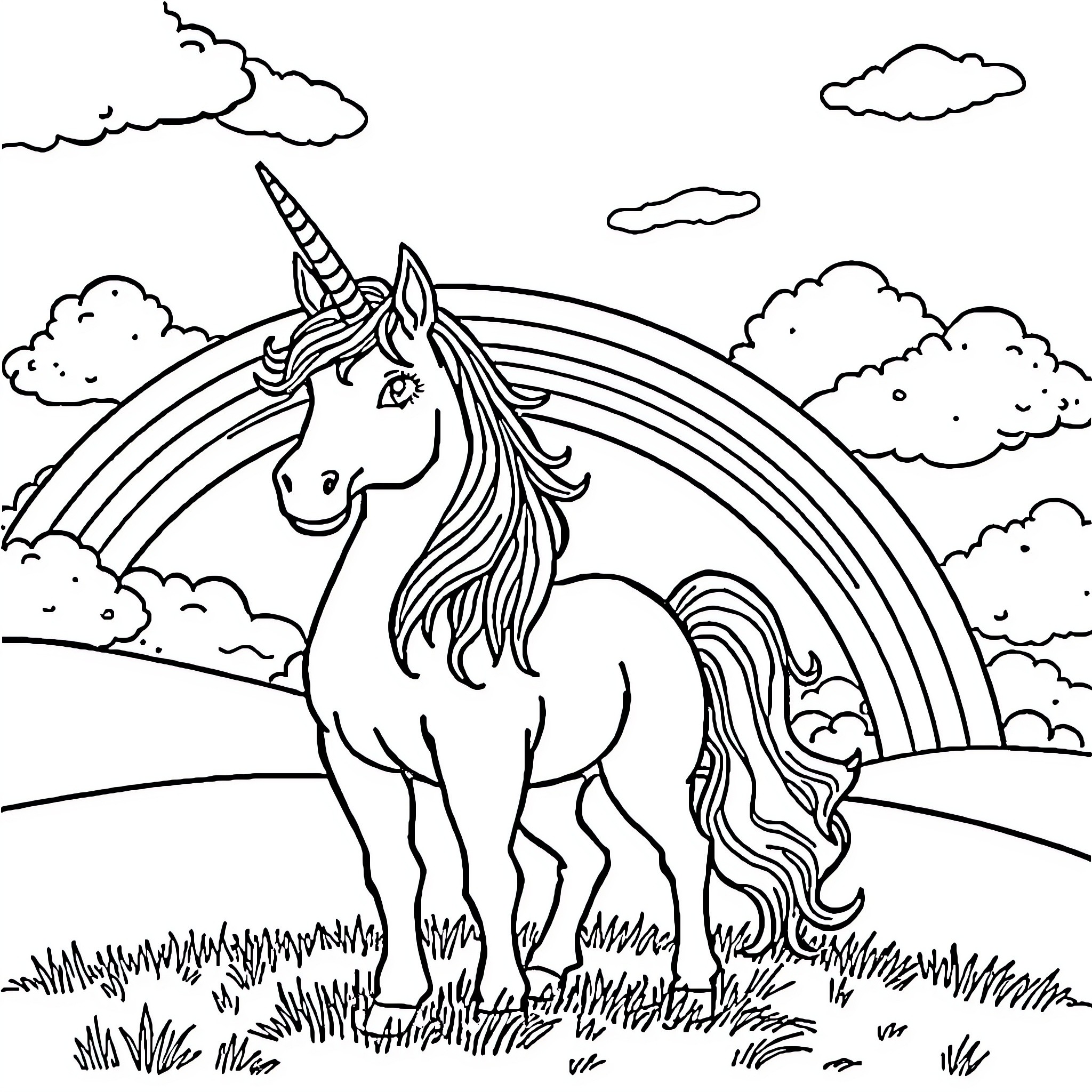 Unicorn standing proudly in a magical landscape Coloring Page (free black-and-white line drawing printable PDF for all, from beginners to advanced learners, including children, teens, adults, and seniors)