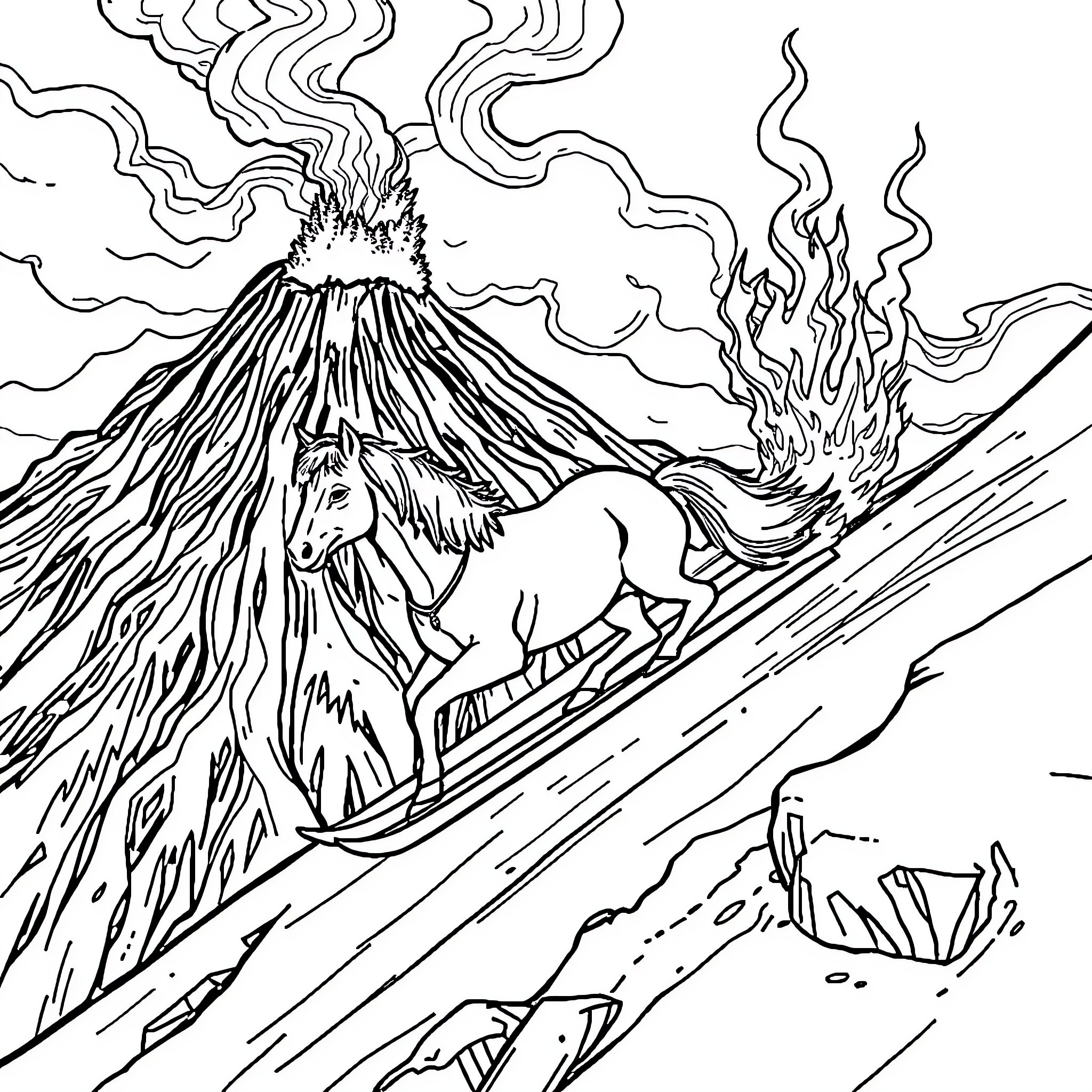 Horse running through erupting volcanic landscape Coloring Page (free black-and-white line drawing printable PDF for all, from beginners to advanced learners, including children, teens, adults, and seniors)