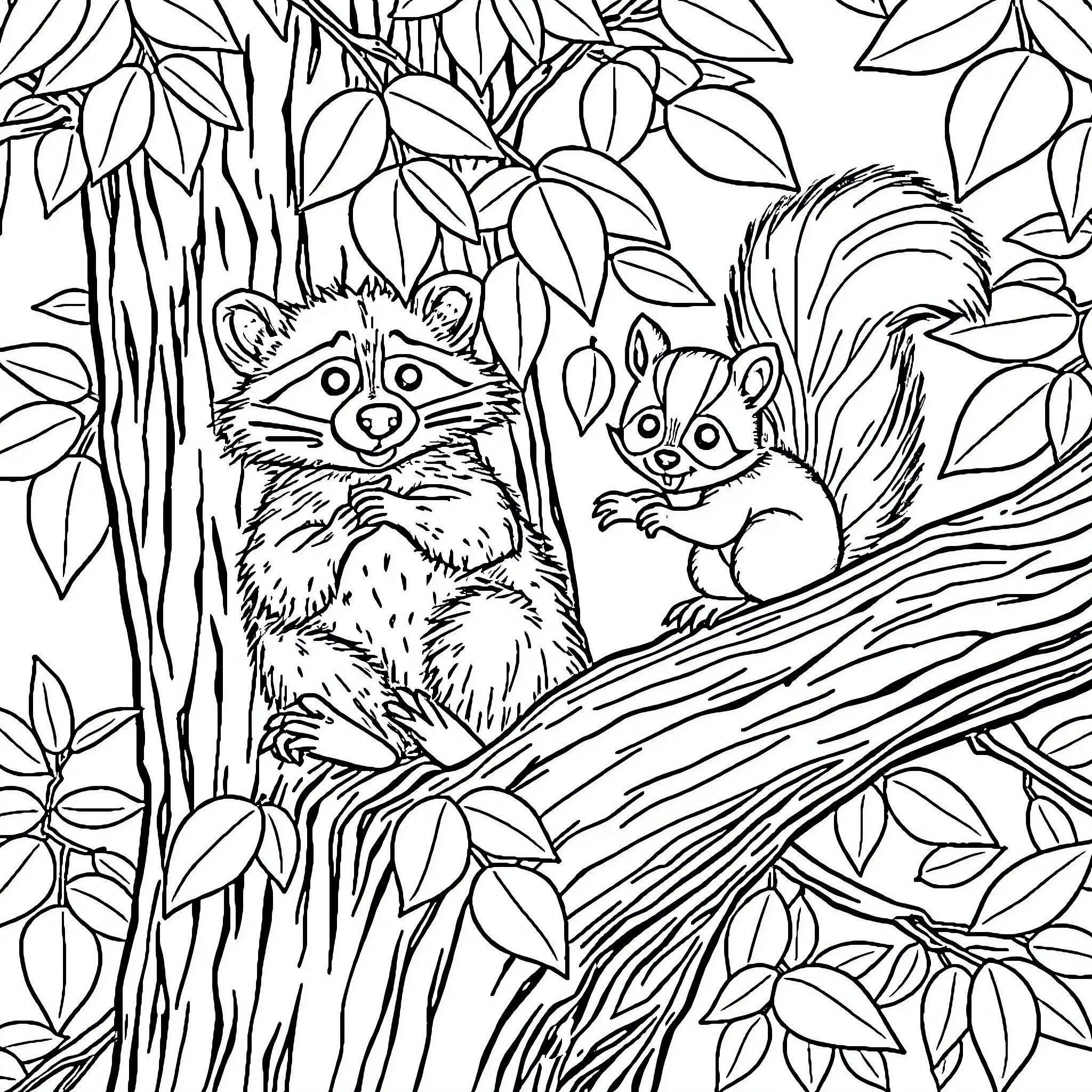 Raccoon and Squirrel in Leafy Woodland Coloring Page (free black-and-white line drawing printable PDF for all, from beginners to advanced learners, including children, teens, adults, and seniors)