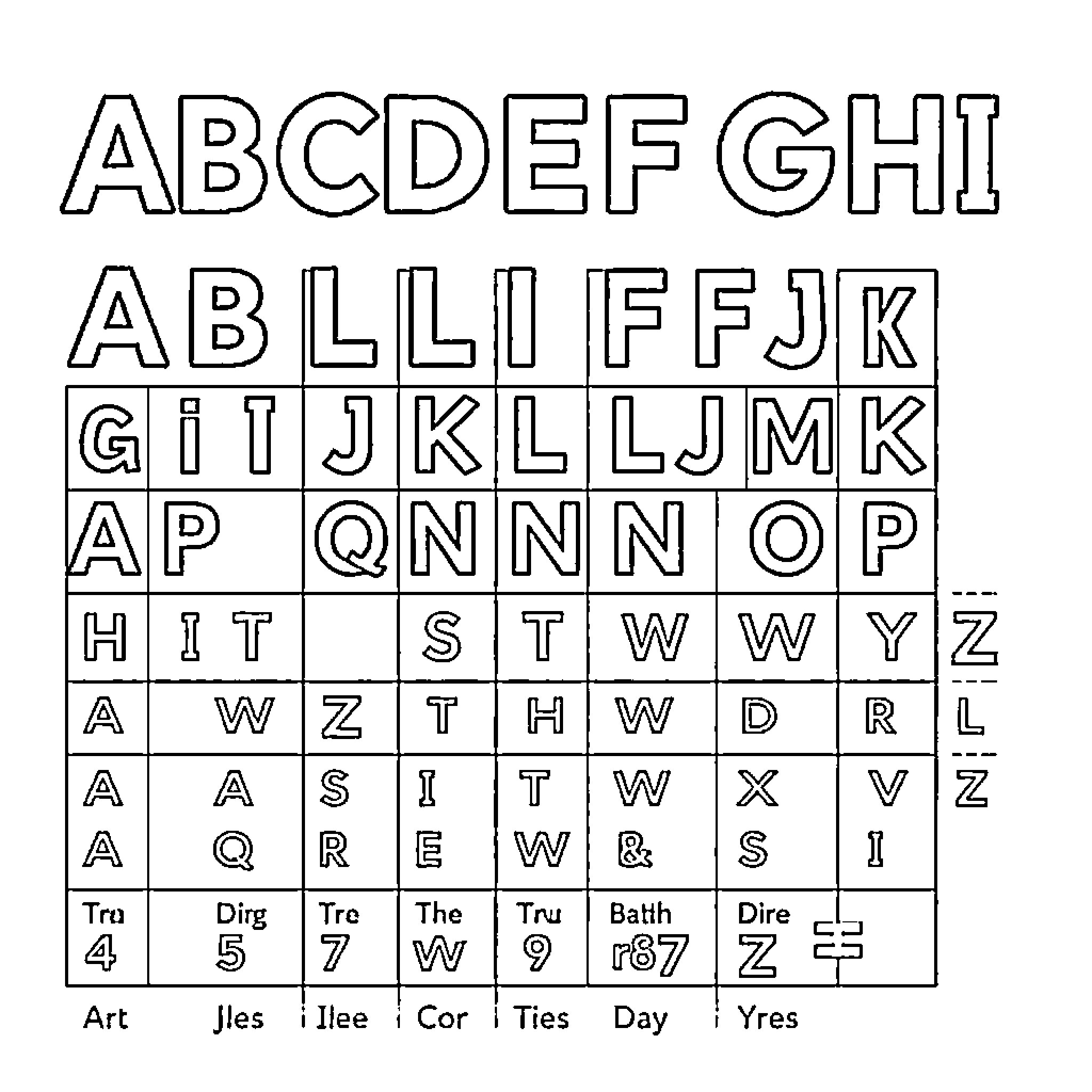 Alphabet of letters and symbols Coloring Page (free black-and-white line drawing printable PDF for all, from beginners to advanced learners, including children, teens, adults, and seniors)
