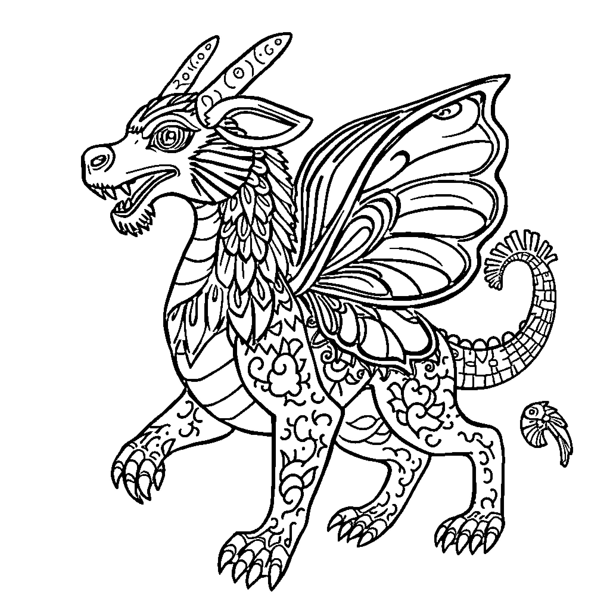 Alebrije fantasy creature with intricate details Coloring Page (free black-and-white line drawing printable PDF for all, from beginners to advanced learners, including children, teens, adults, and seniors)
