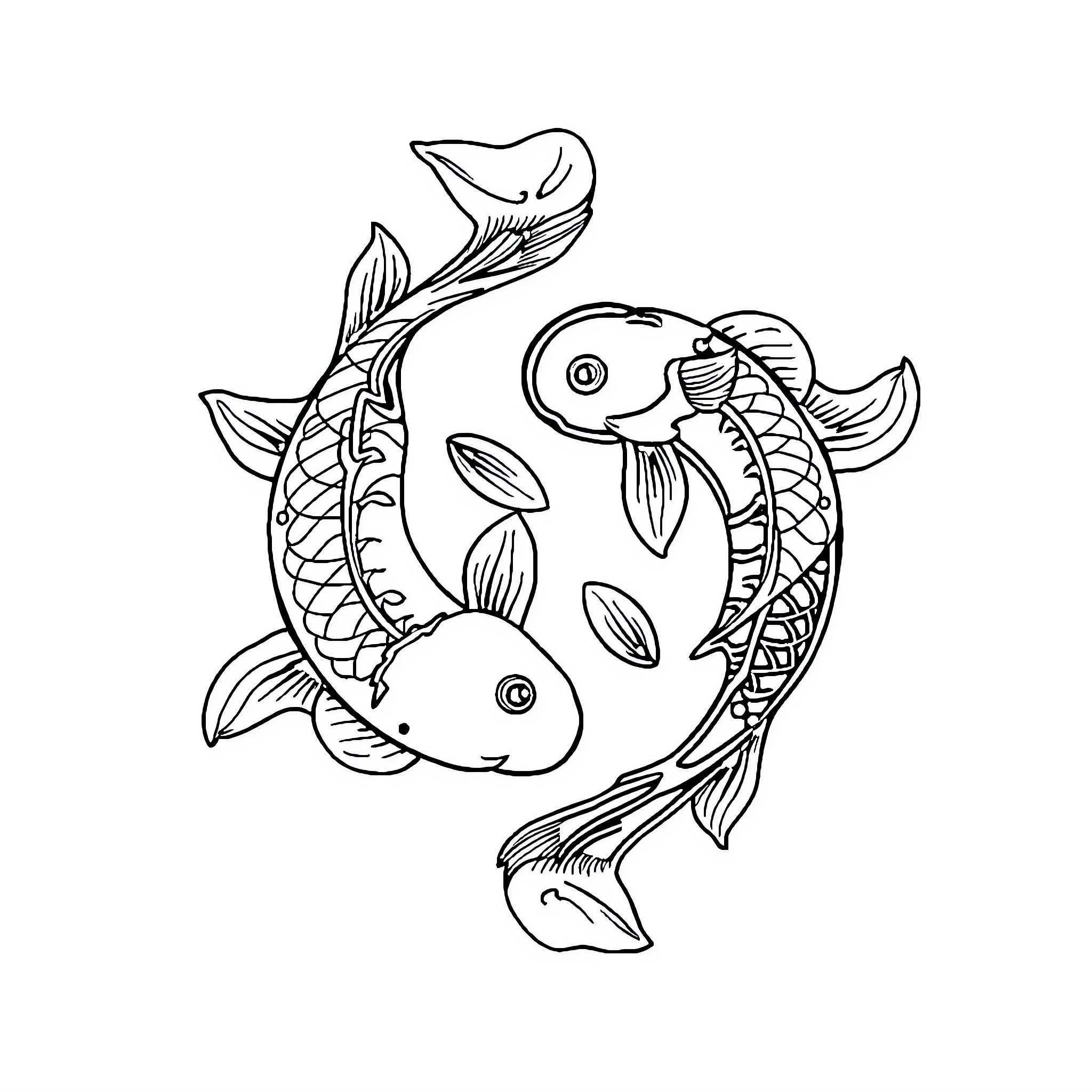 Koi Fish swimming playfully in water Coloring Page (free black-and-white line drawing printable PDF for all, from beginners to advanced learners, including children, teens, adults, and seniors)