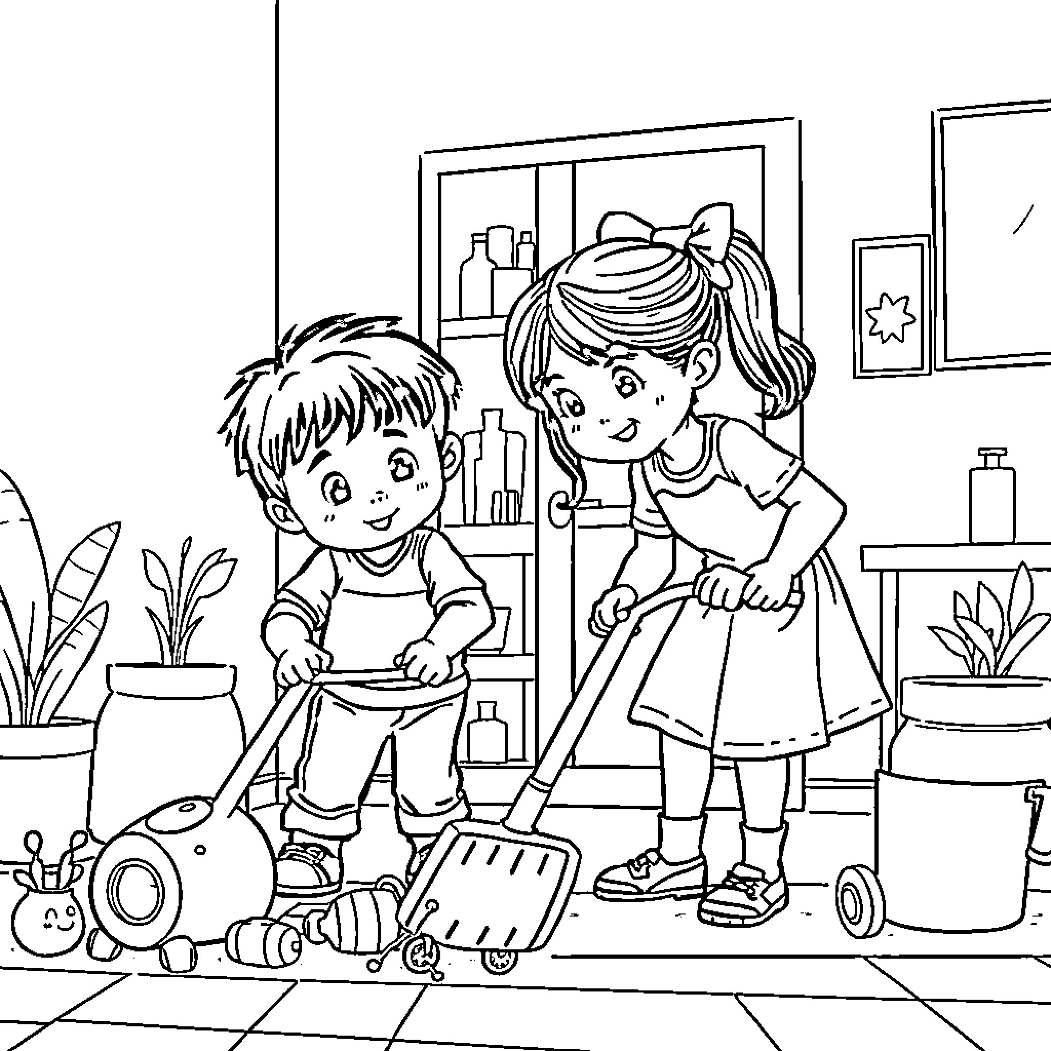 Niños jugando y limpiando en la casa Coloring Page (free black-and-white line drawing printable PDF for all, from beginners to advanced learners, including children, teens, adults, and seniors)