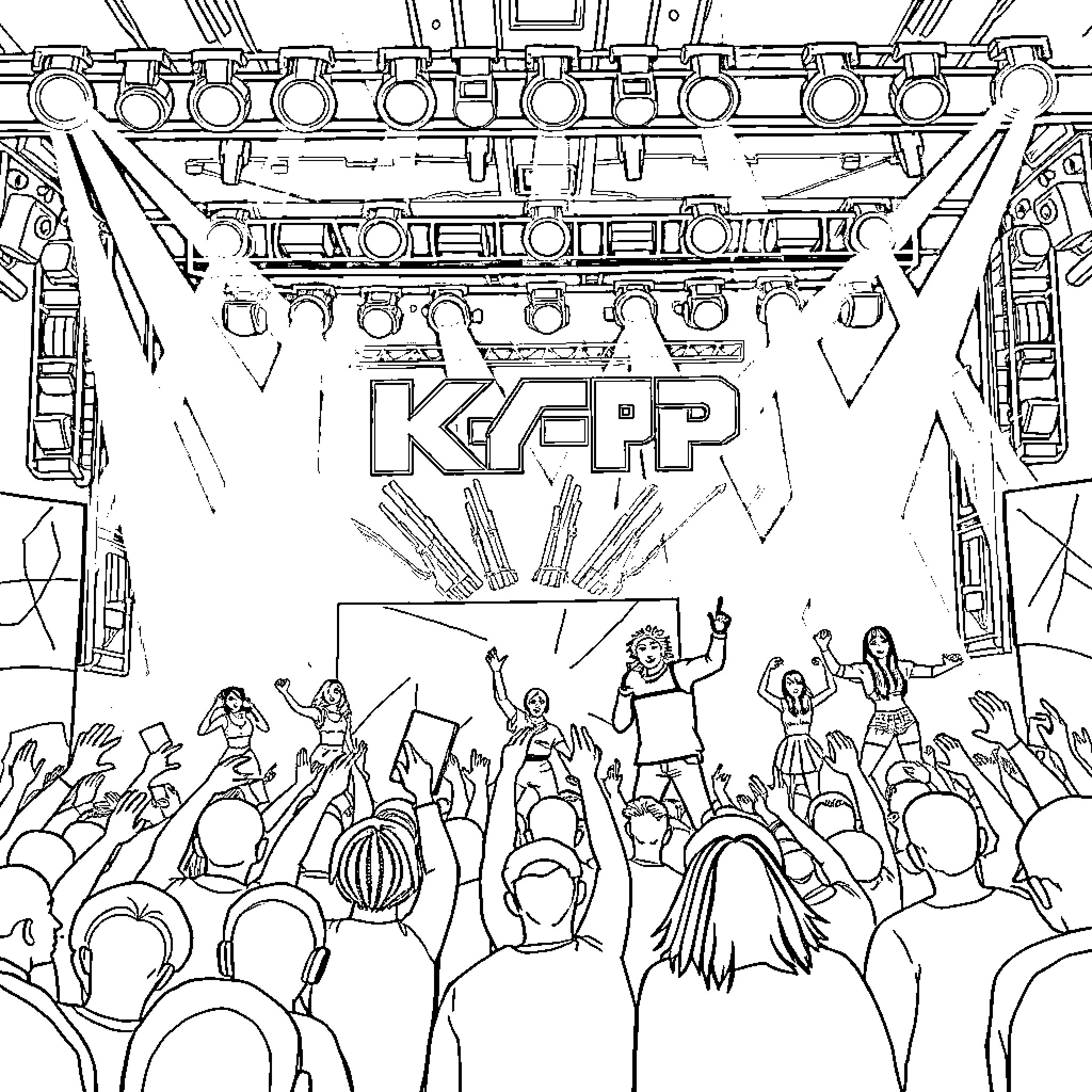 K Pop Concert with Lively Performers and Enthusiastic Audience Coloring Page (free black-and-white line drawing printable PDF for all, from beginners to advanced learners, including children, teens, adults, and seniors)