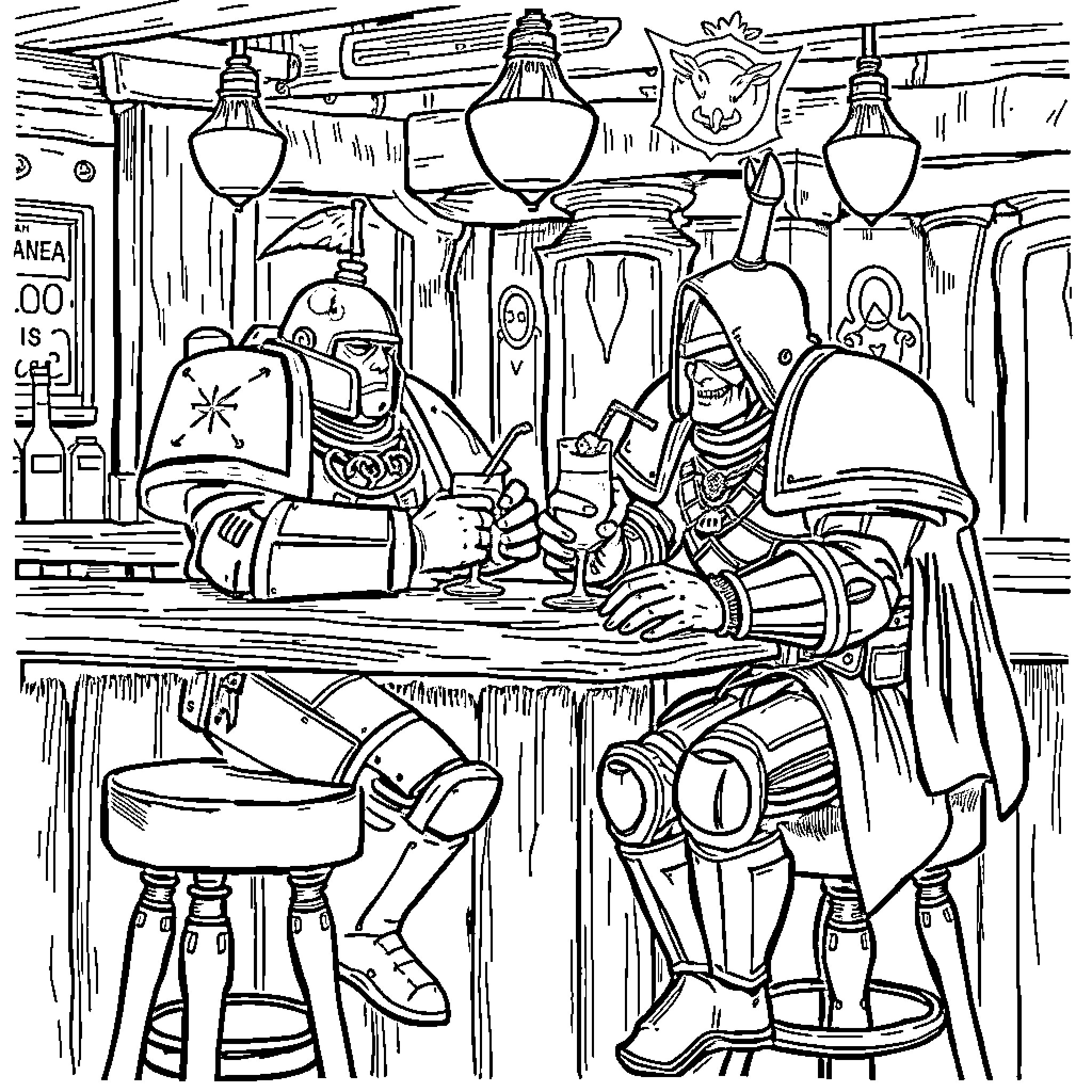 Space Marines Gathered in a Futuristic Bar Coloring Page (free black-and-white line drawing printable PDF for all, from beginners to advanced learners, including children, teens, adults, and seniors)