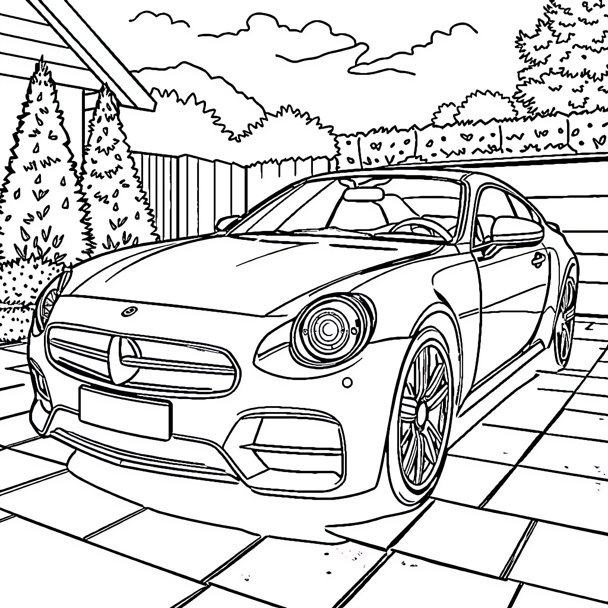 Car in scenic outdoor setting Coloring Page (free black-and-white line drawing printable PDF for all, from beginners to advanced learners, including children, teens, adults, and seniors)