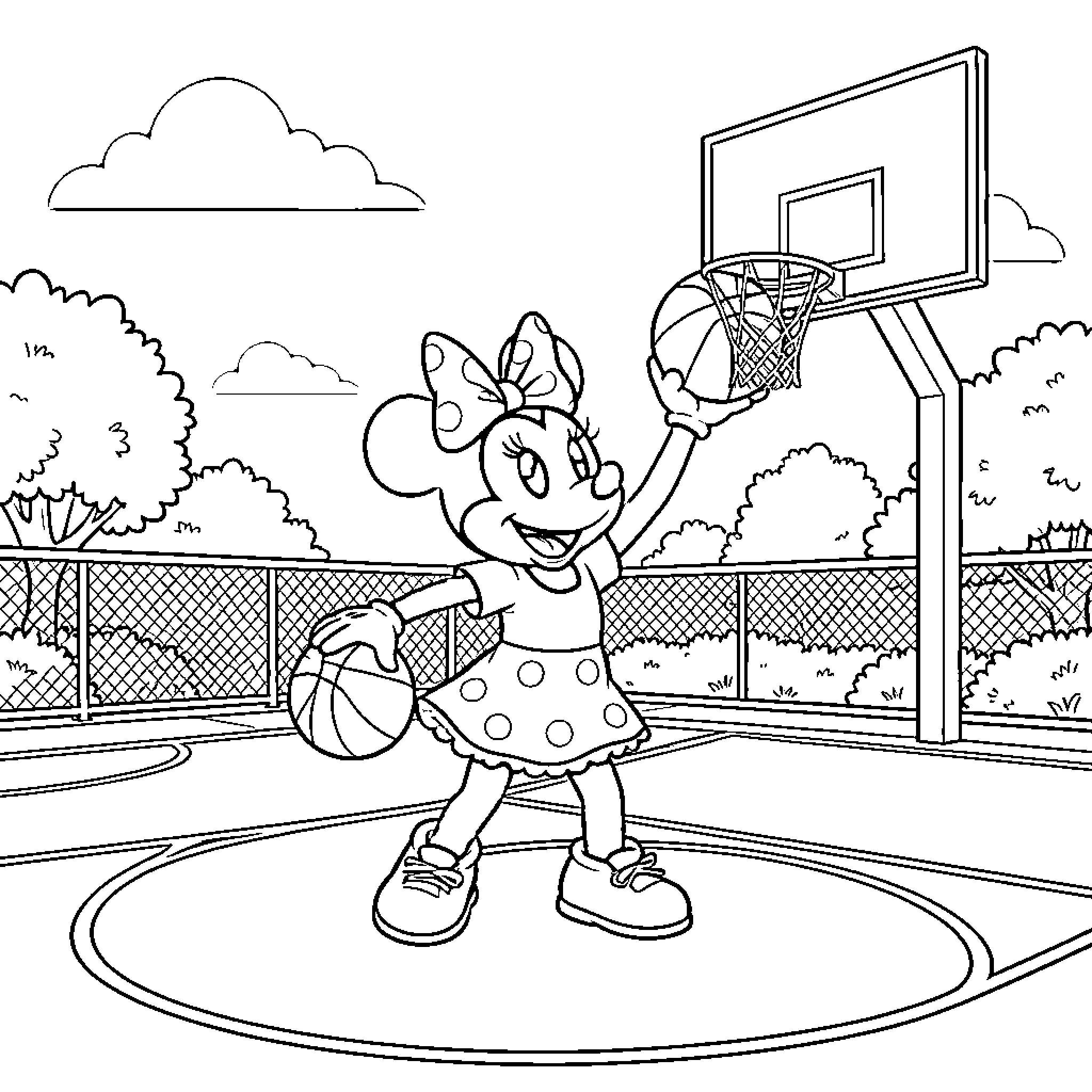 Minnie playing basketball on an outdoor court Coloring Page (free black-and-white line drawing printable PDF for all, from beginners to advanced learners, including children, teens, adults, and seniors)