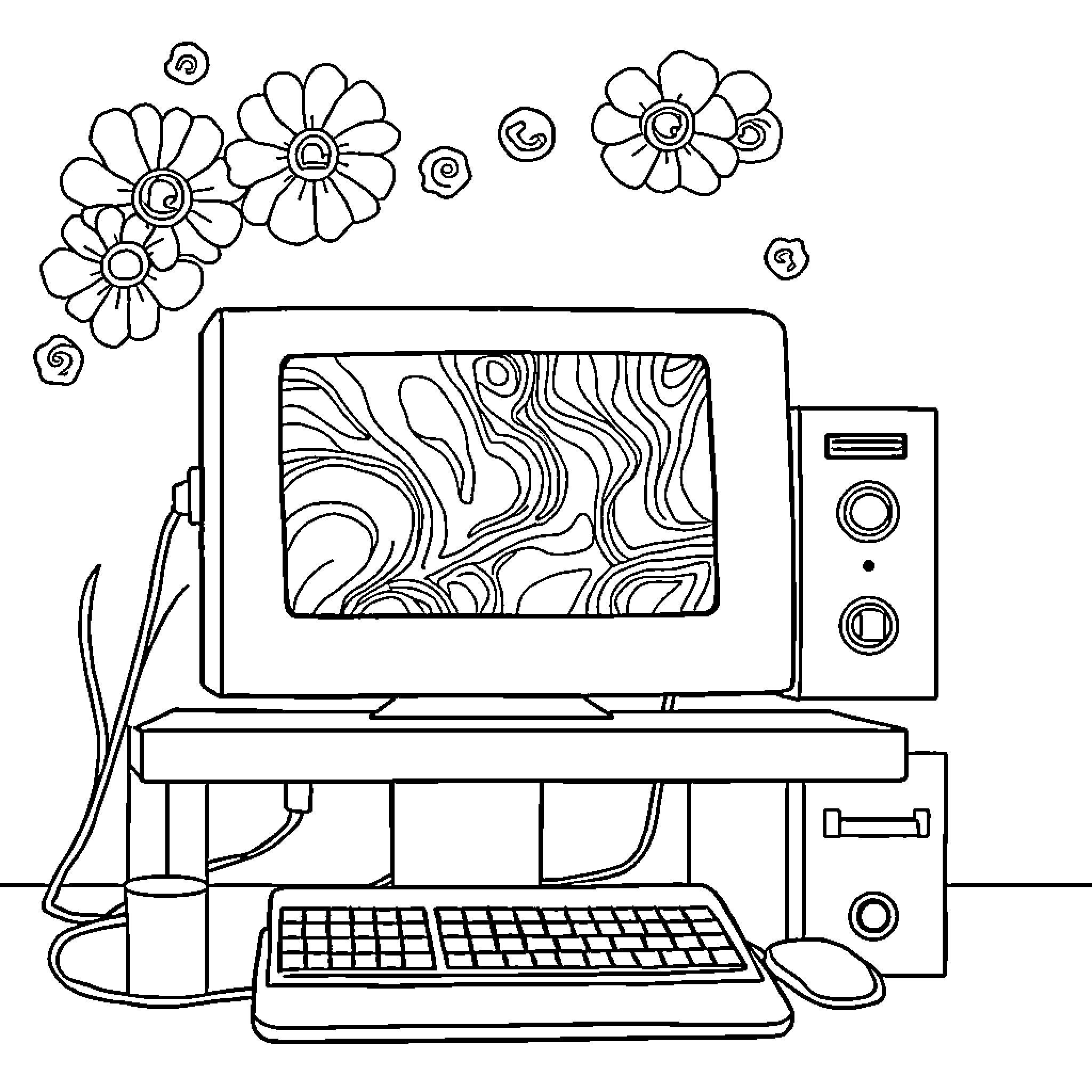 Computer Equipment with Decorative Floral Designs Coloring Page (free black-and-white line drawing printable PDF for all, from beginners to advanced learners, including children, teens, adults, and seniors)