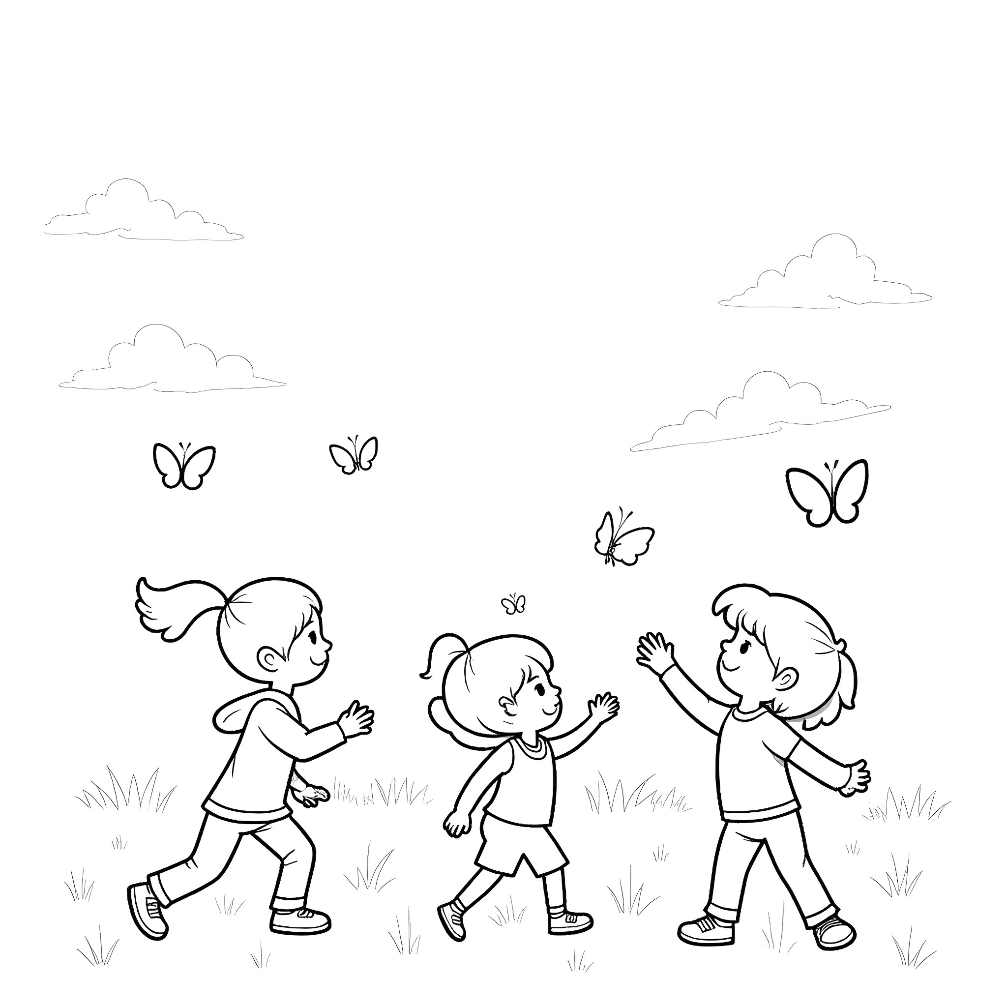 Butterfly Chasing Children in the Meadow Coloring Page (free black-and-white line drawing printable PDF for all, from beginners to advanced learners, including children, teens, adults, and seniors)