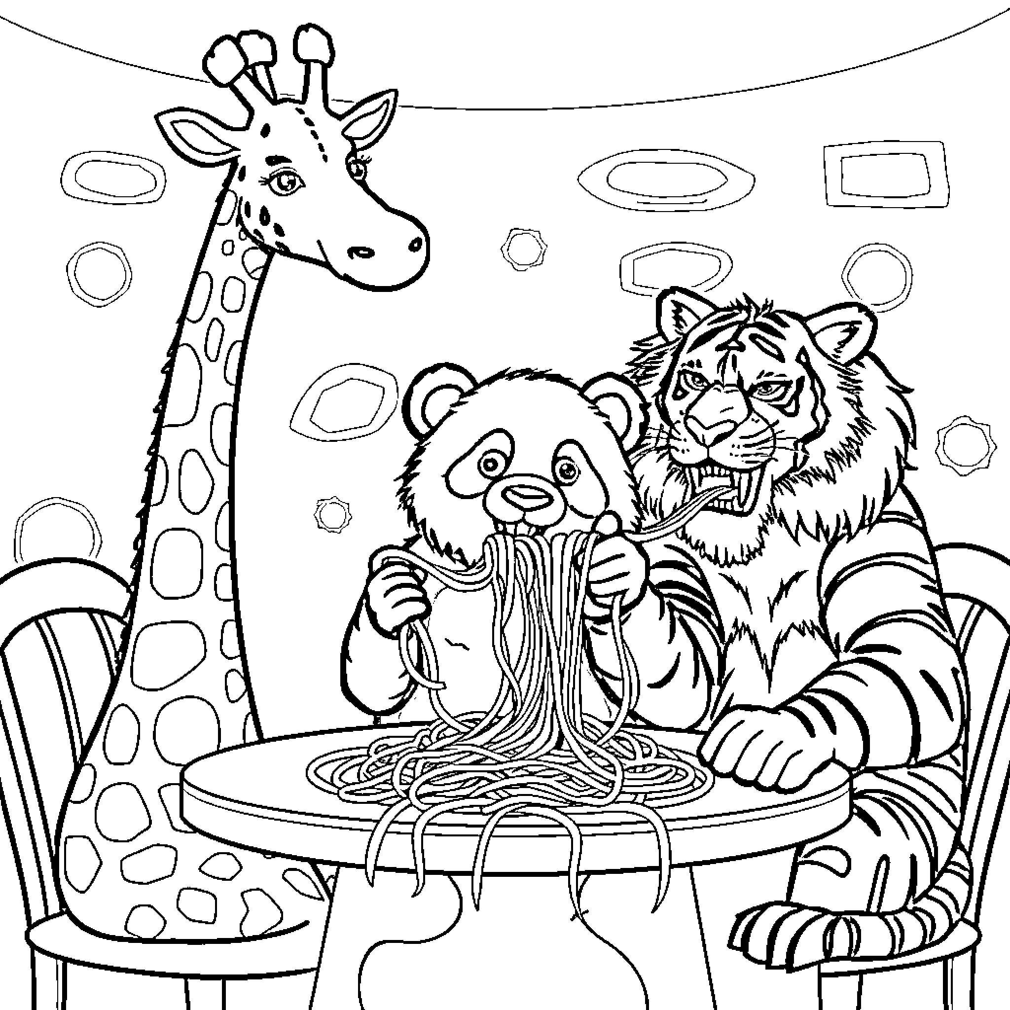 Giraffe, panda, and tiger eating spaghetti together Coloring Page (free black-and-white line drawing printable PDF for all, from beginners to advanced learners, including children, teens, adults, and seniors)