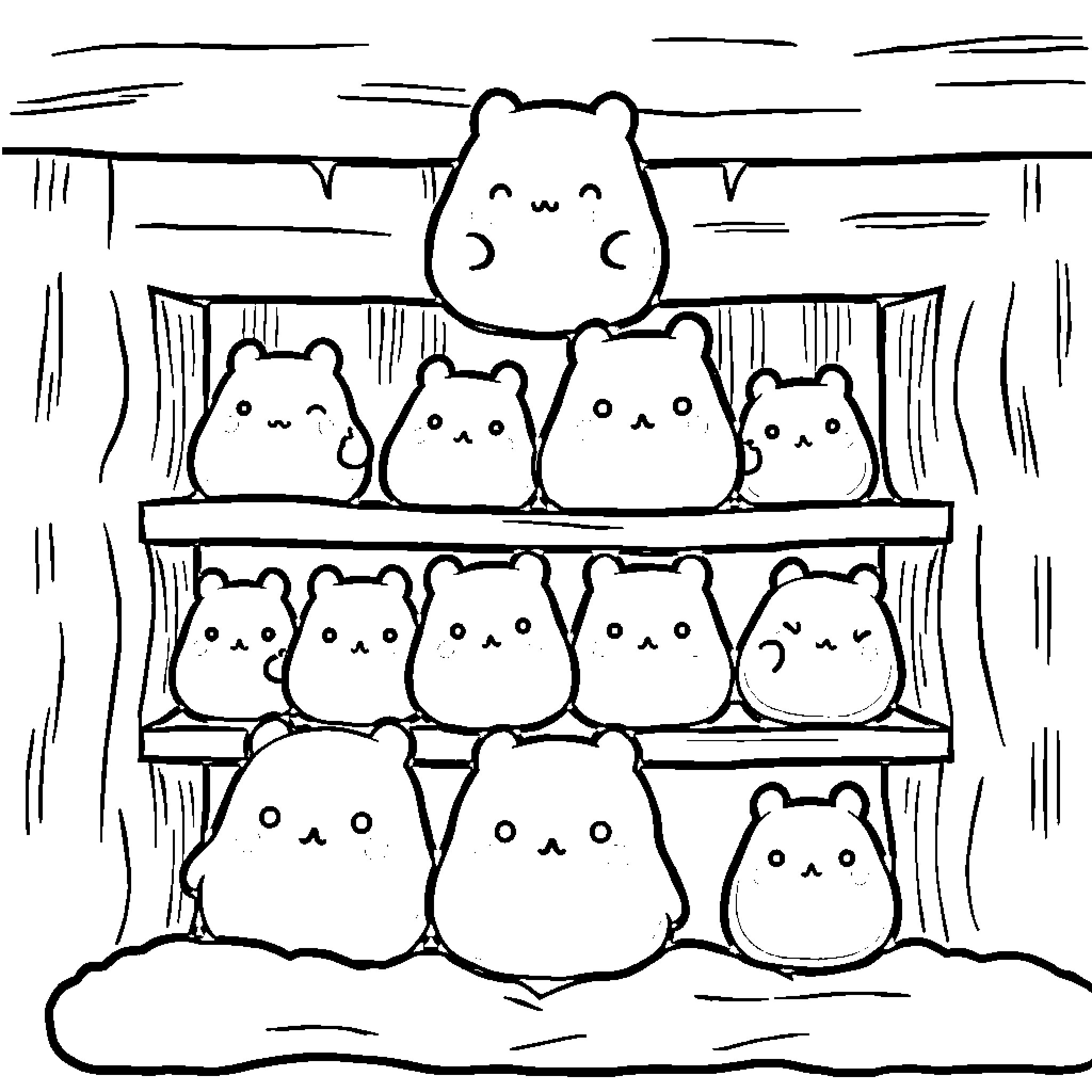 Squishmallow plushies adorably gathered on shelves Coloring Page (free black-and-white line drawing printable PDF for all, from beginners to advanced learners, including children, teens, adults, and seniors)