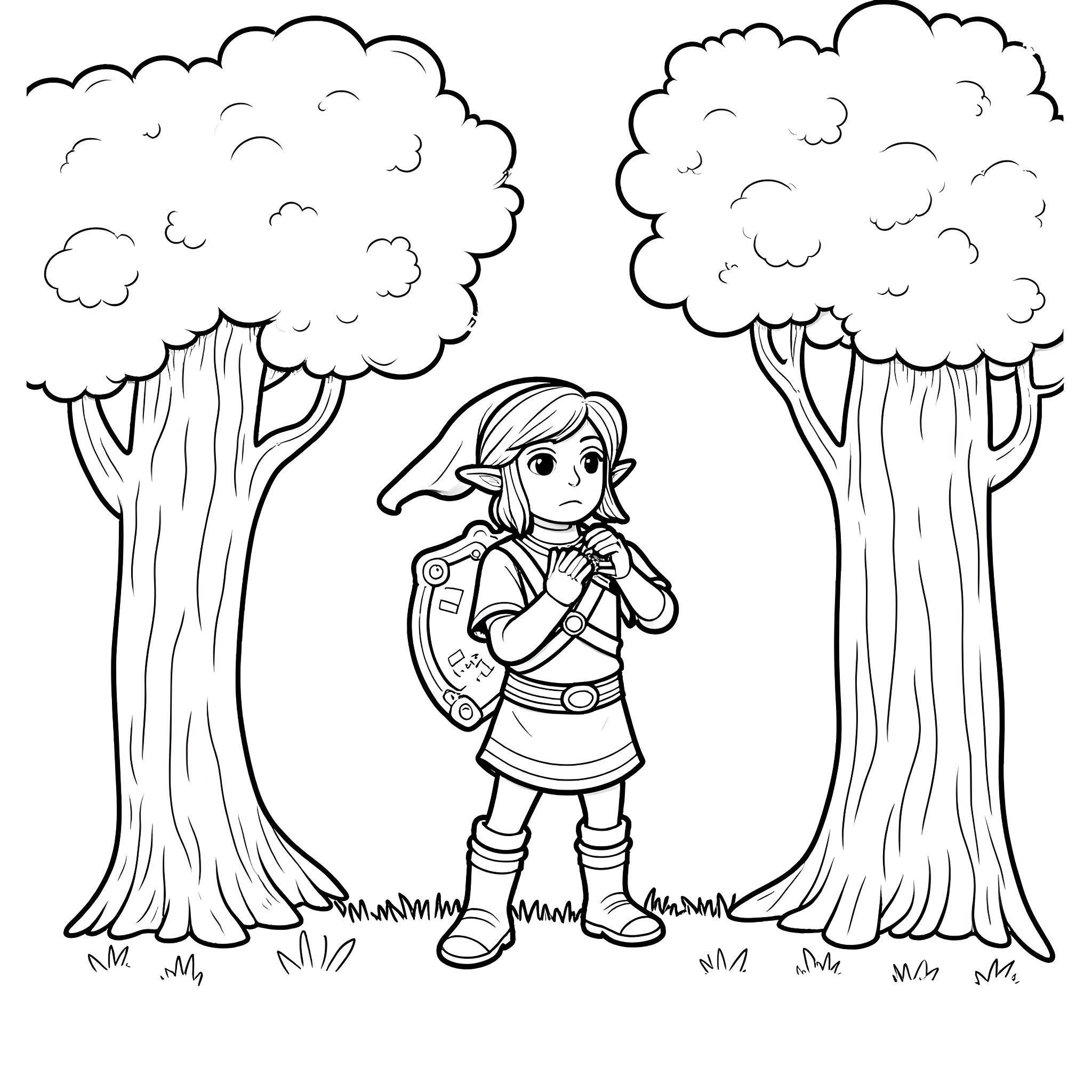 Link exploring the forest Coloring Page (free black-and-white line drawing printable PDF for all, from beginners to advanced learners, including children, teens, adults, and seniors)