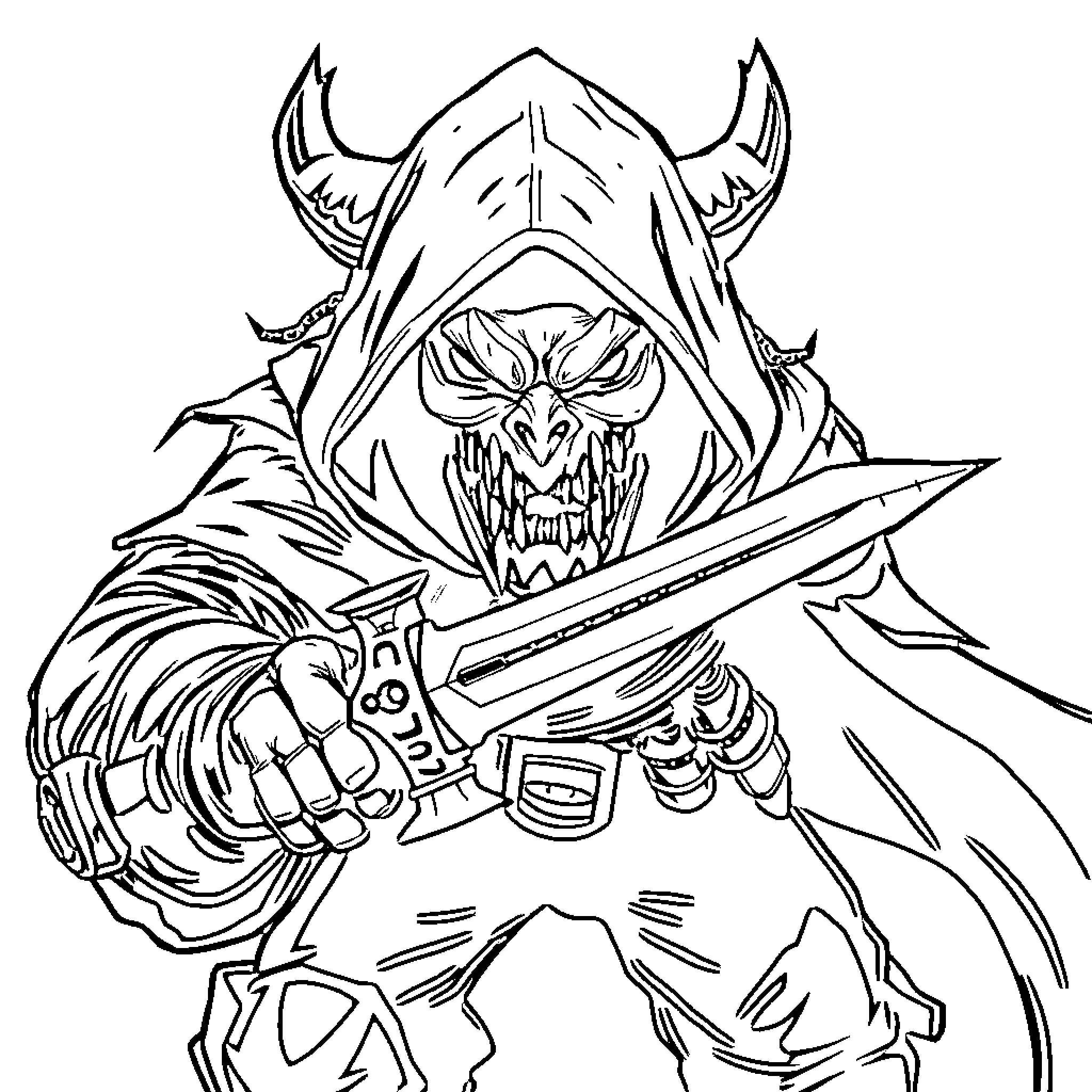 Player wielding a menacing sword with a sinister expression Coloring Page (free black-and-white line drawing printable PDF for all, from beginners to advanced learners, including children, teens, adults, and seniors)
