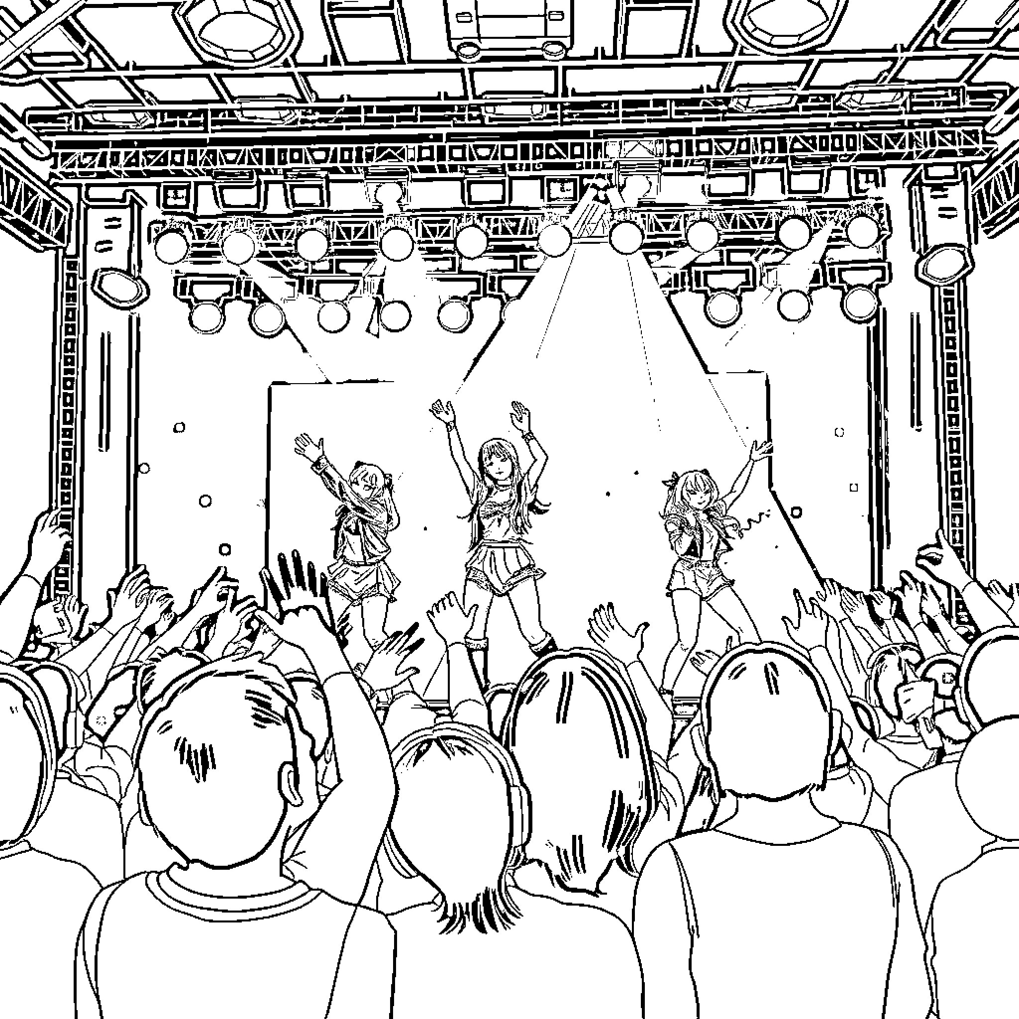 Kpop performers entertaining enthusiastic audience Coloring Page (free black-and-white line drawing printable PDF for all, from beginners to advanced learners, including children, teens, adults, and seniors)