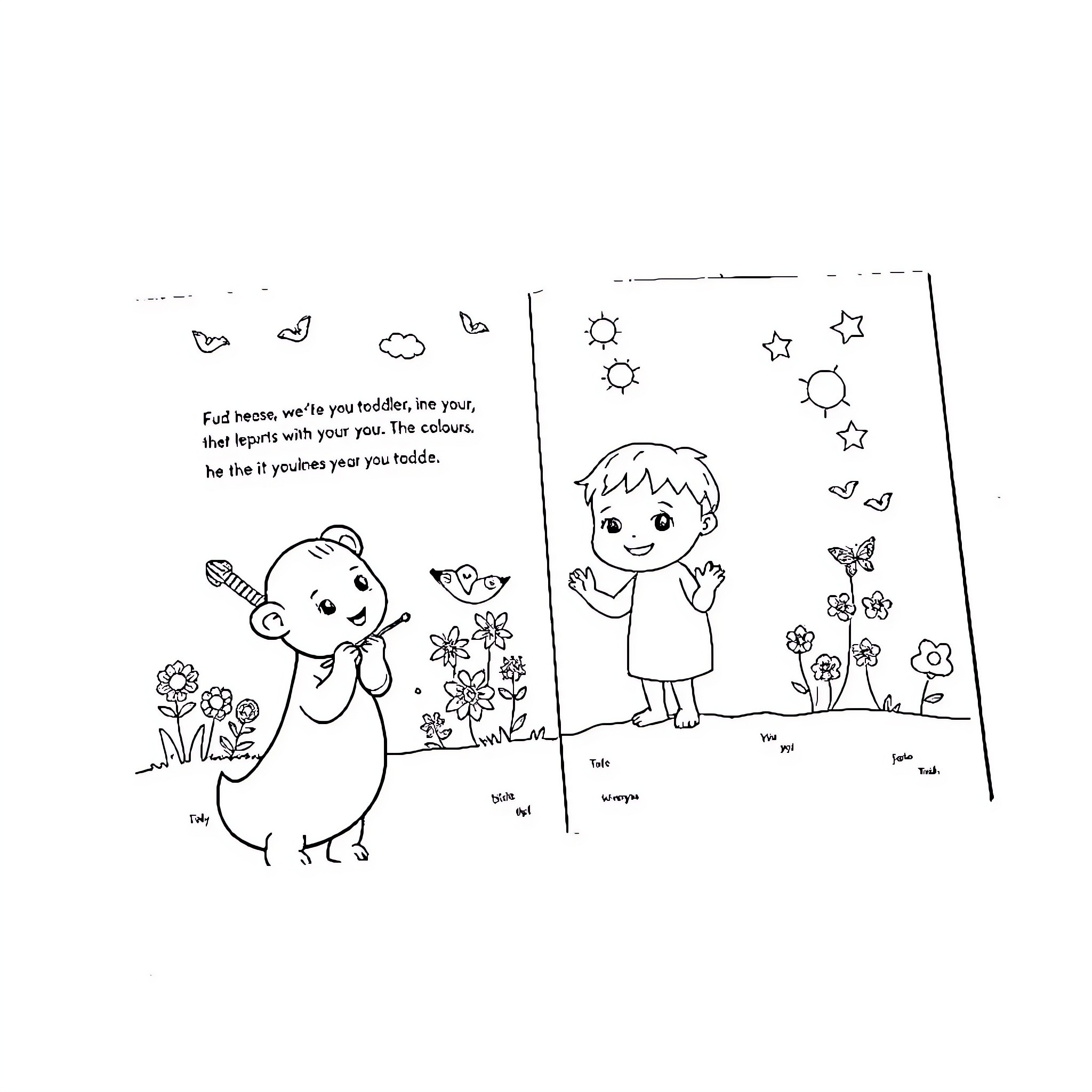 Book of children playing in nature Coloring Page (free black-and-white line drawing printable PDF for all, from beginners to advanced learners, including children, teens, adults, and seniors)