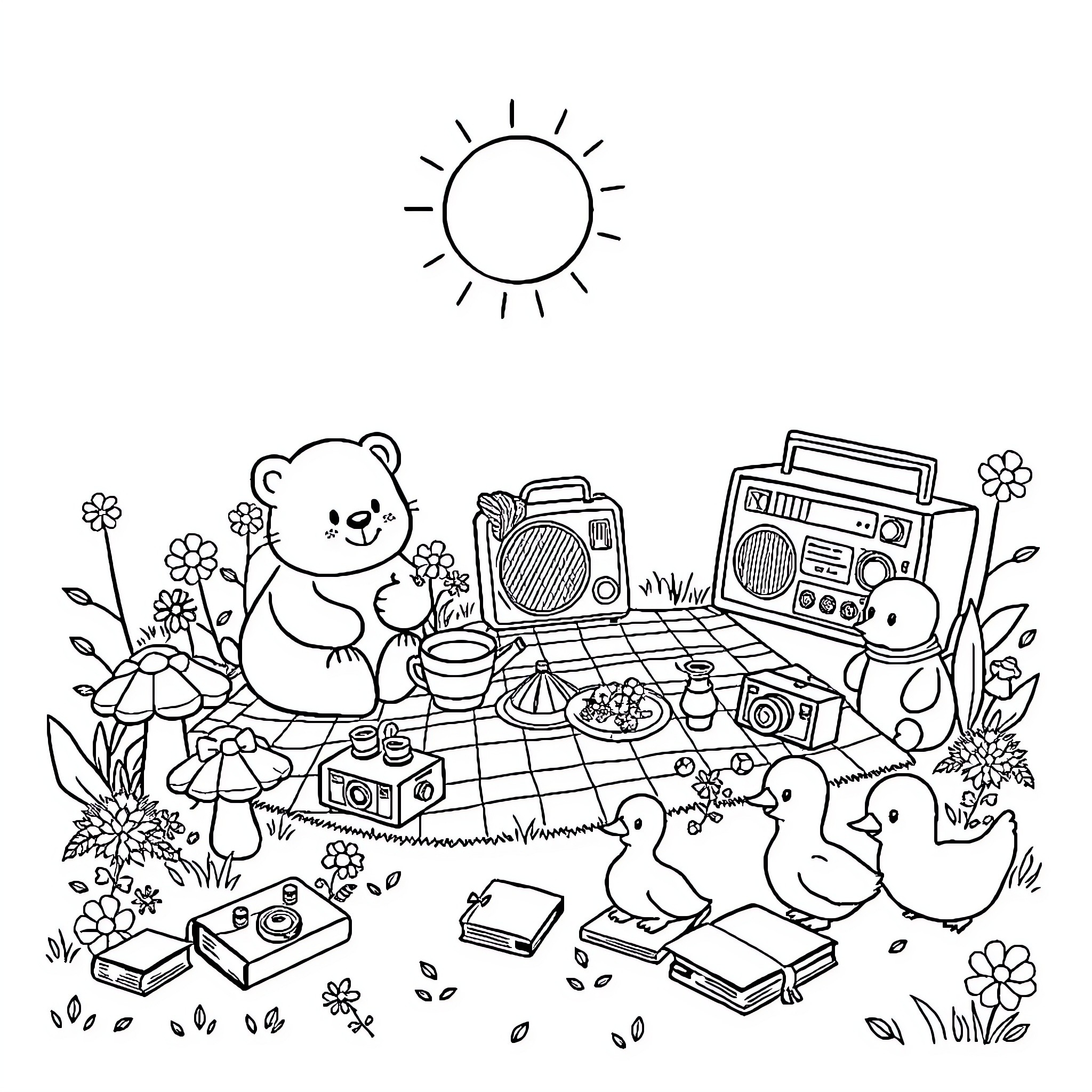 Picnic with Toys and Animals in the Outdoors Coloring Page (free black-and-white line drawing printable PDF for all, from beginners to advanced learners, including children, teens, adults, and seniors)