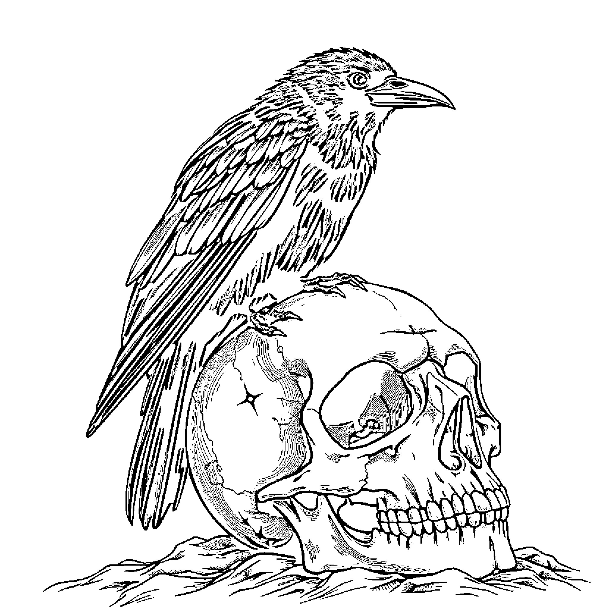 Raven perched on a human skull Coloring Page (free black-and-white line drawing printable PDF for all, from beginners to advanced learners, including children, teens, adults, and seniors)