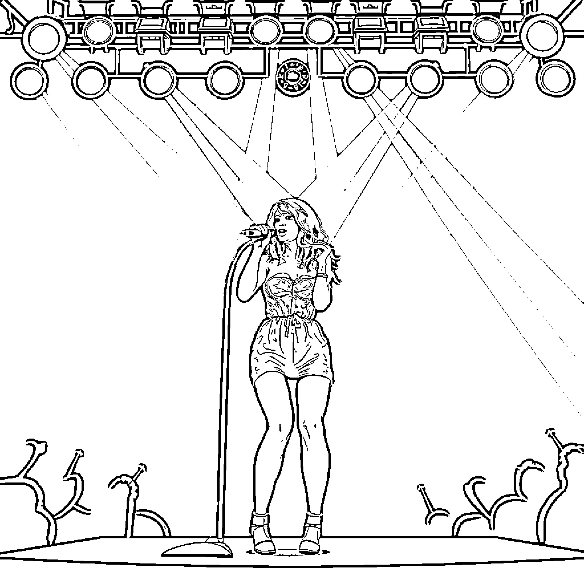 Taylor Swift performing on stage with striking lighting Coloring Page (free black-and-white line drawing printable PDF for all, from beginners to advanced learners, including children, teens, adults, and seniors)