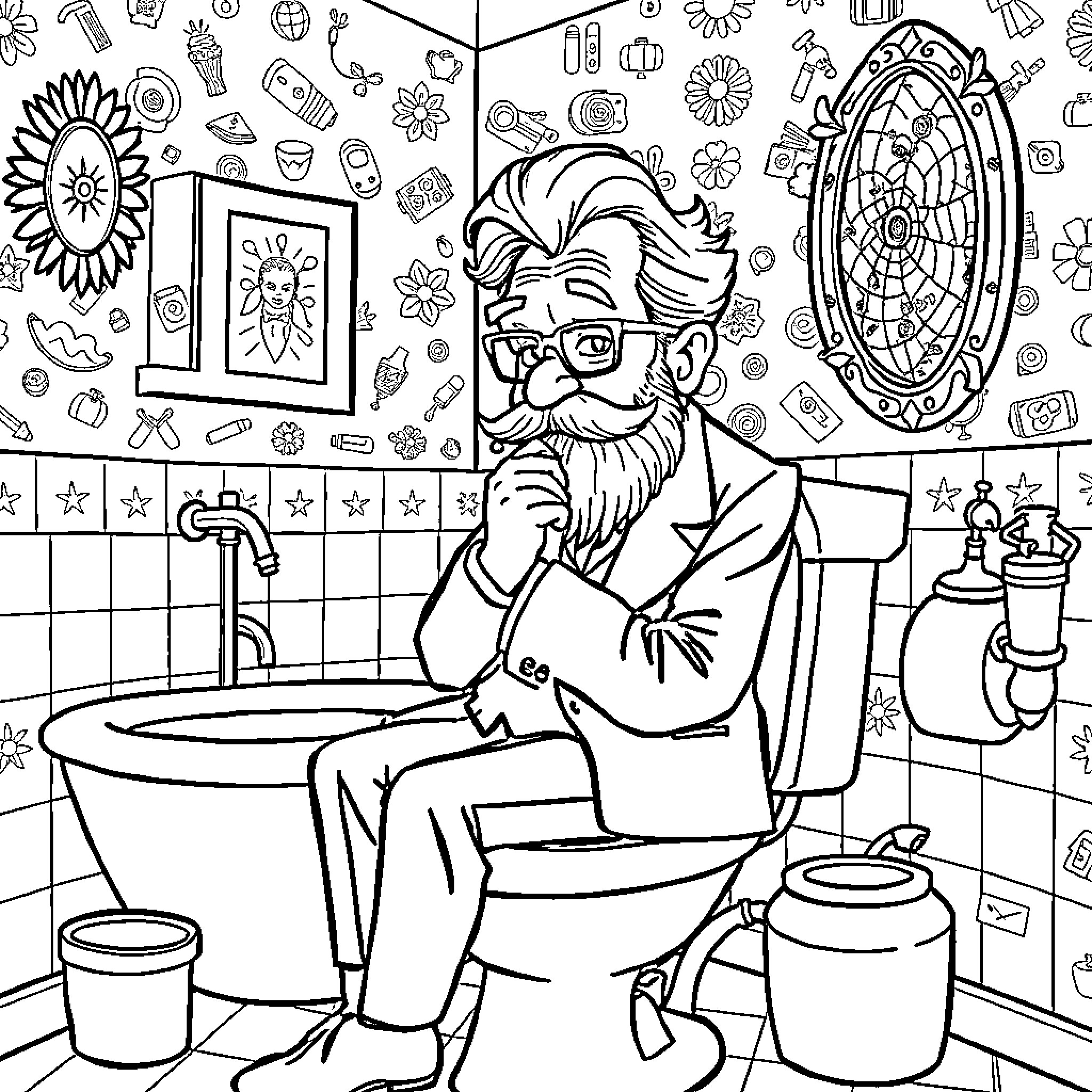 Sigmund Freud's Introspective Reflection Coloring Page (free black-and-white line drawing printable PDF for all, from beginners to advanced learners, including children, teens, adults, and seniors)