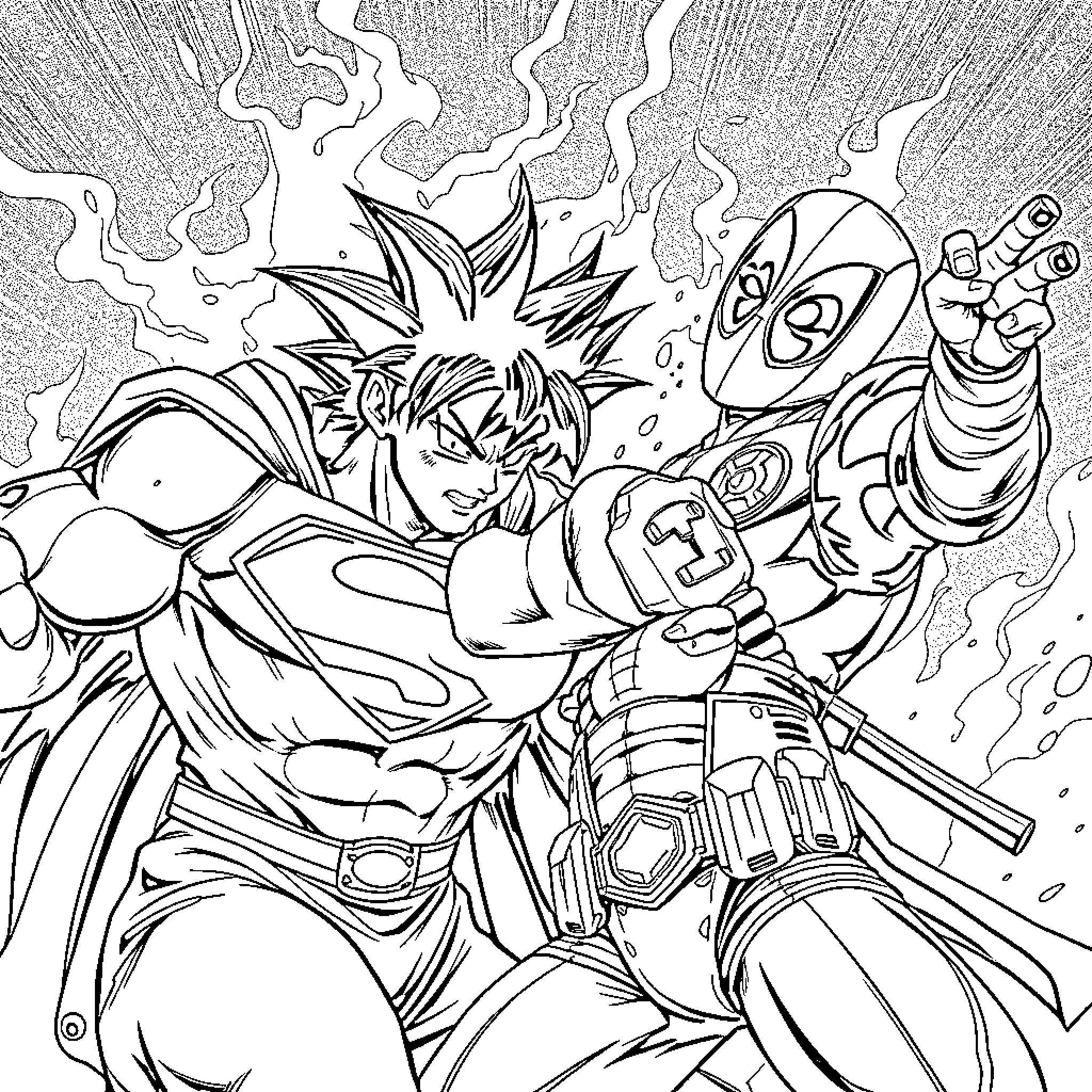 Superman battles a futuristic foe in intense combat Coloring Page (free black-and-white line drawing printable PDF for all, from beginners to advanced learners, including children, teens, adults, and seniors)