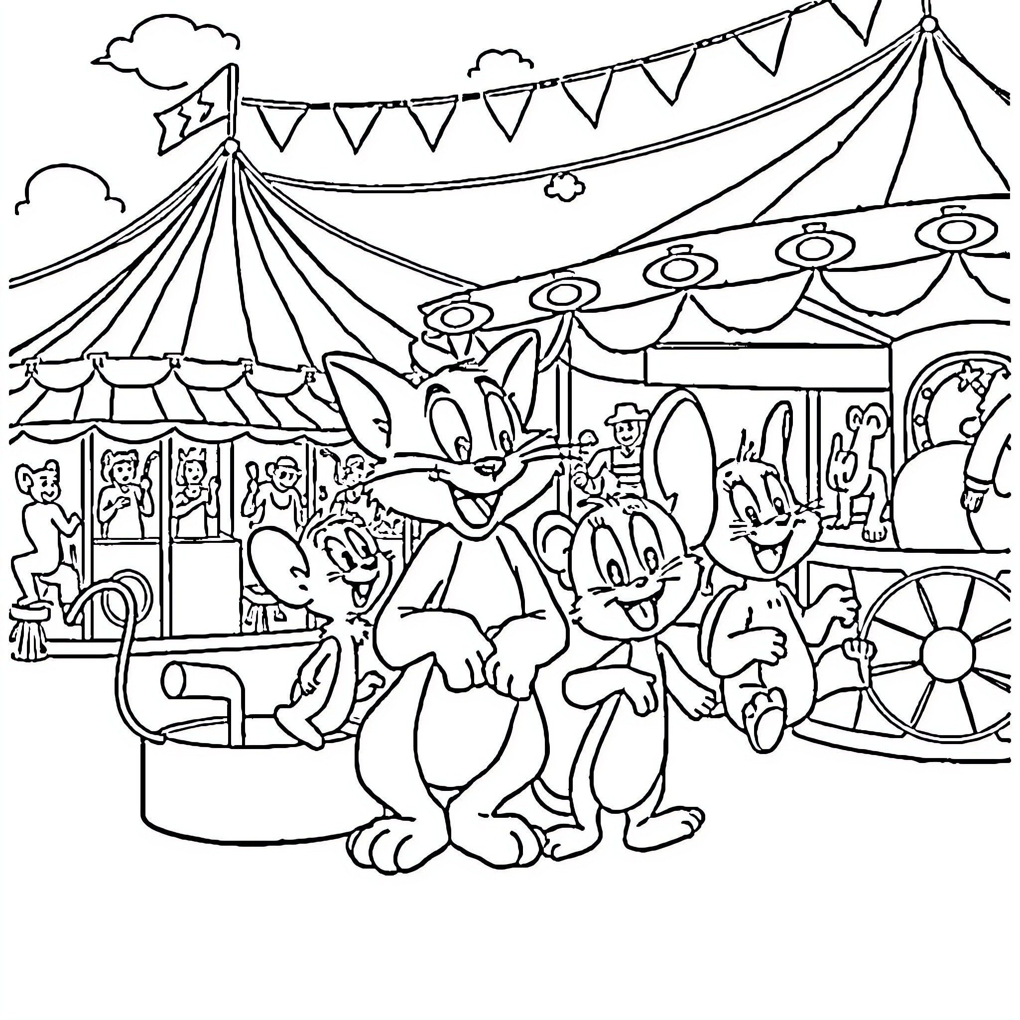 Tom and Jerry at the Lively Carnival Coloring Page (free black-and-white line drawing printable PDF for all, from beginners to advanced learners, including children, teens, adults, and seniors)