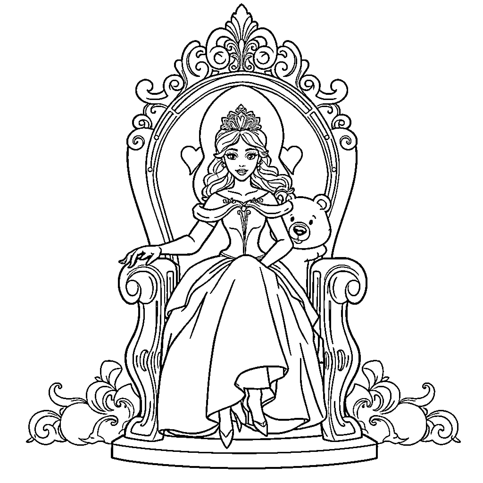 Princess in fancy dress posing on throne Coloring Page (free black-and-white line drawing printable PDF for all, from beginners to advanced learners, including children, teens, adults, and seniors)