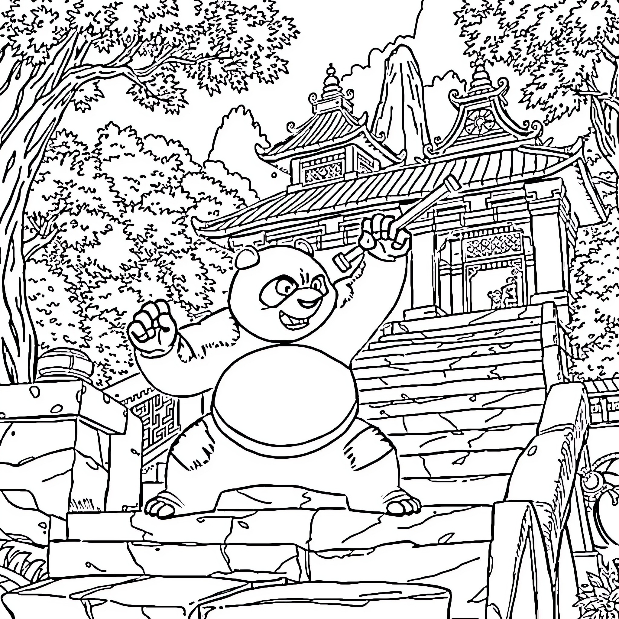 Kung Fu Panda Performing Martial Arts Moves in the Scenic Forest Coloring Page (free black-and-white line drawing printable PDF for all, from beginners to advanced learners, including children, teens, adults, and seniors)