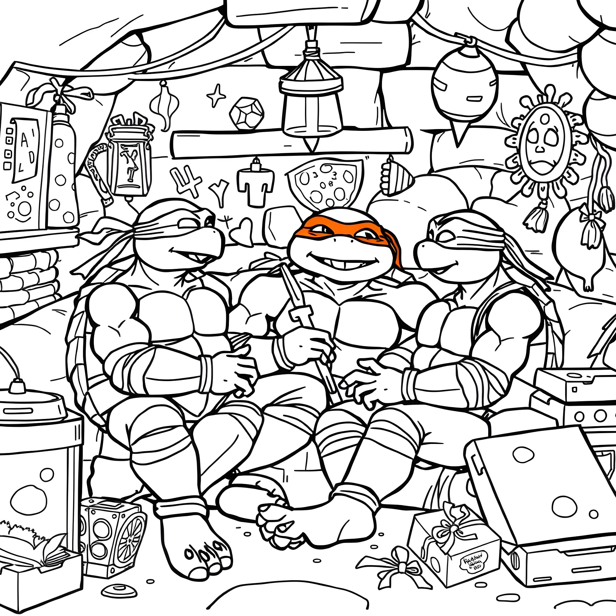 Teenage Mutant Ninja Turtles in Action Coloring Page (free black-and-white line drawing printable PDF for all, from beginners to advanced learners, including children, teens, adults, and seniors)