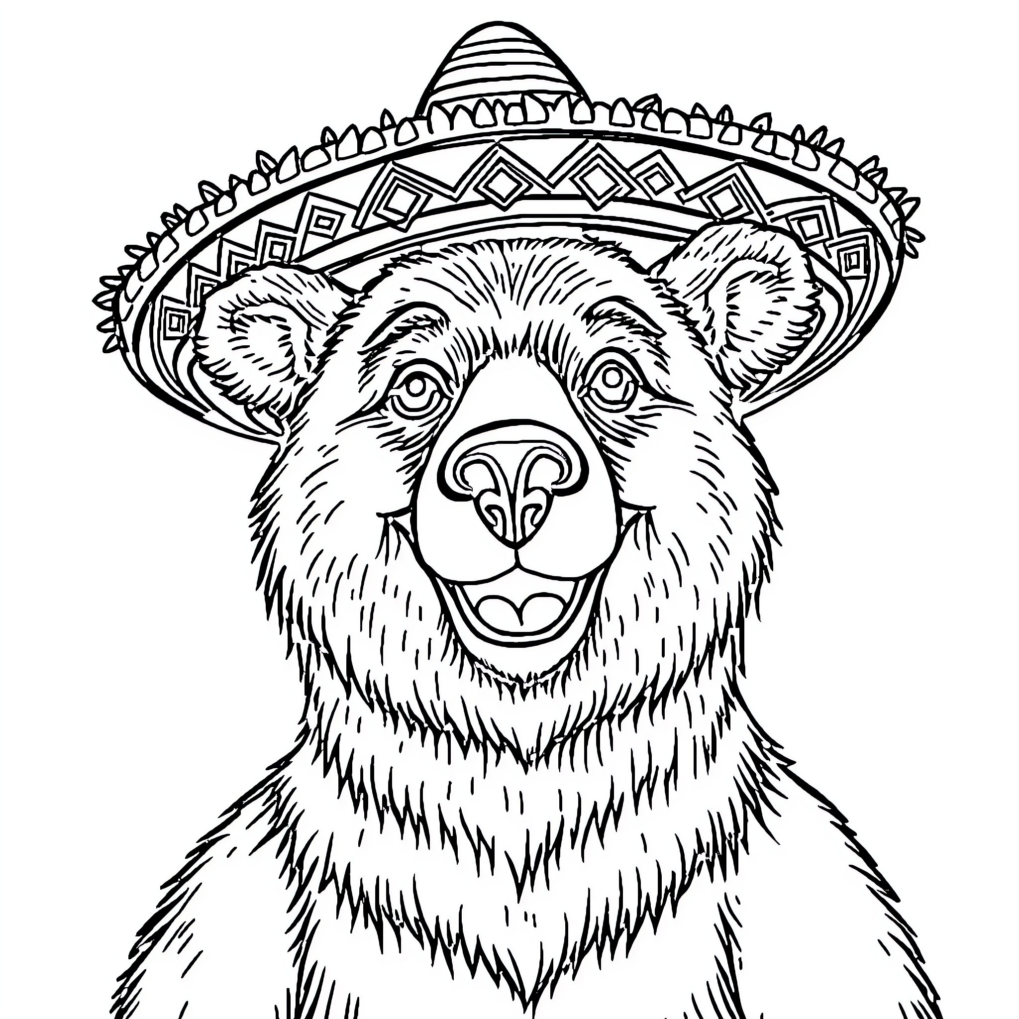 Bear wearing festive hat with intricate design Coloring Page (free black-and-white line drawing printable PDF for all, from beginners to advanced learners, including children, teens, adults, and seniors)
