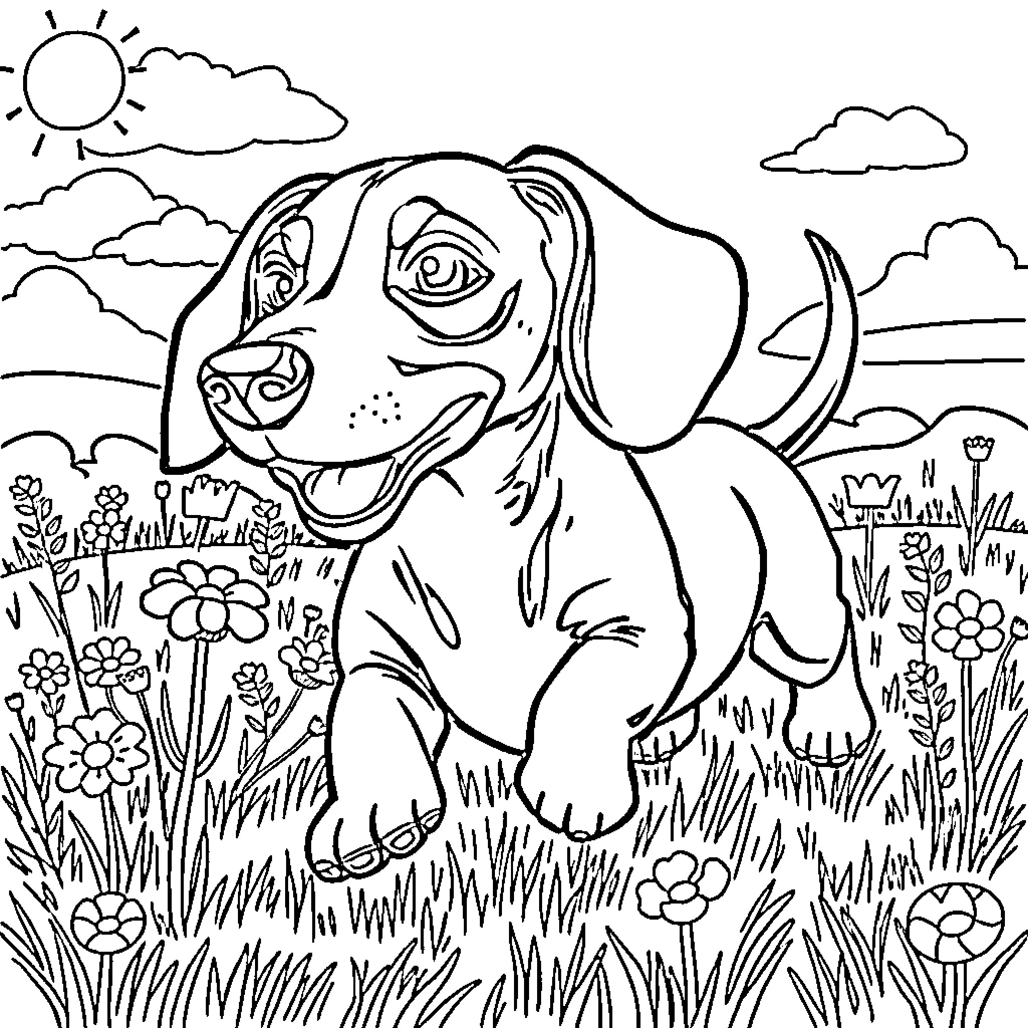 Dachshund exploring the outdoor scenery Coloring Page (free black-and-white line drawing printable PDF for all, from beginners to advanced learners, including children, teens, adults, and seniors)