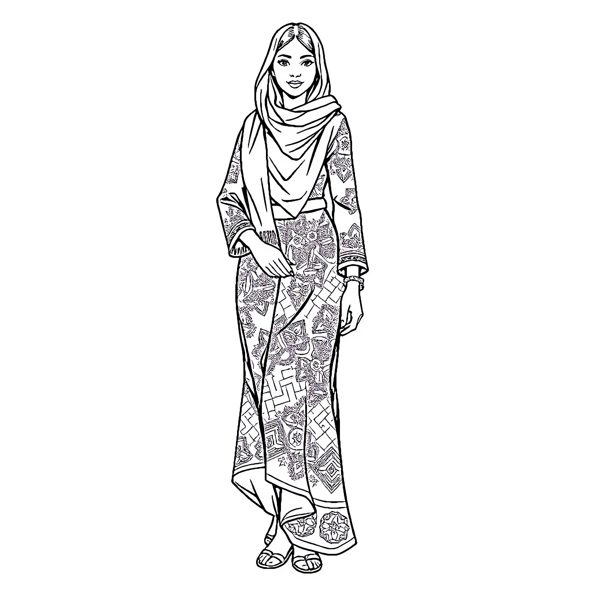 Woman in ornate traditional attire Coloring Page (free black-and-white line drawing printable PDF for all, from beginners to advanced learners, including children, teens, adults, and seniors)