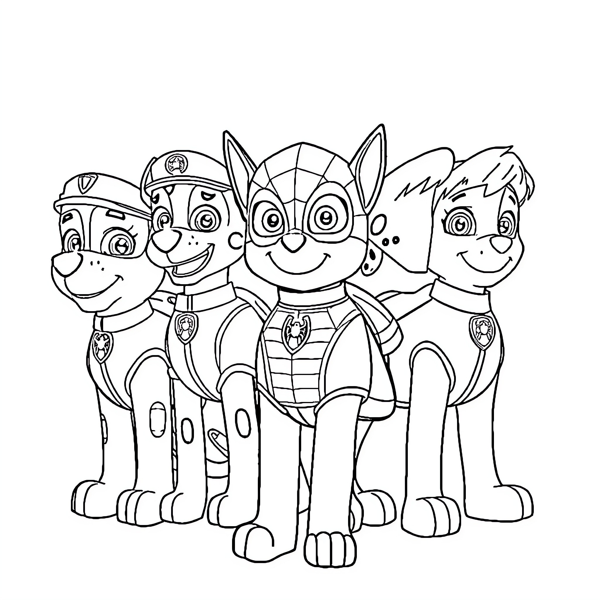 Paw Patrol team in action poses Coloring Page (free black-and-white line drawing printable PDF for all, from beginners to advanced learners, including children, teens, adults, and seniors)