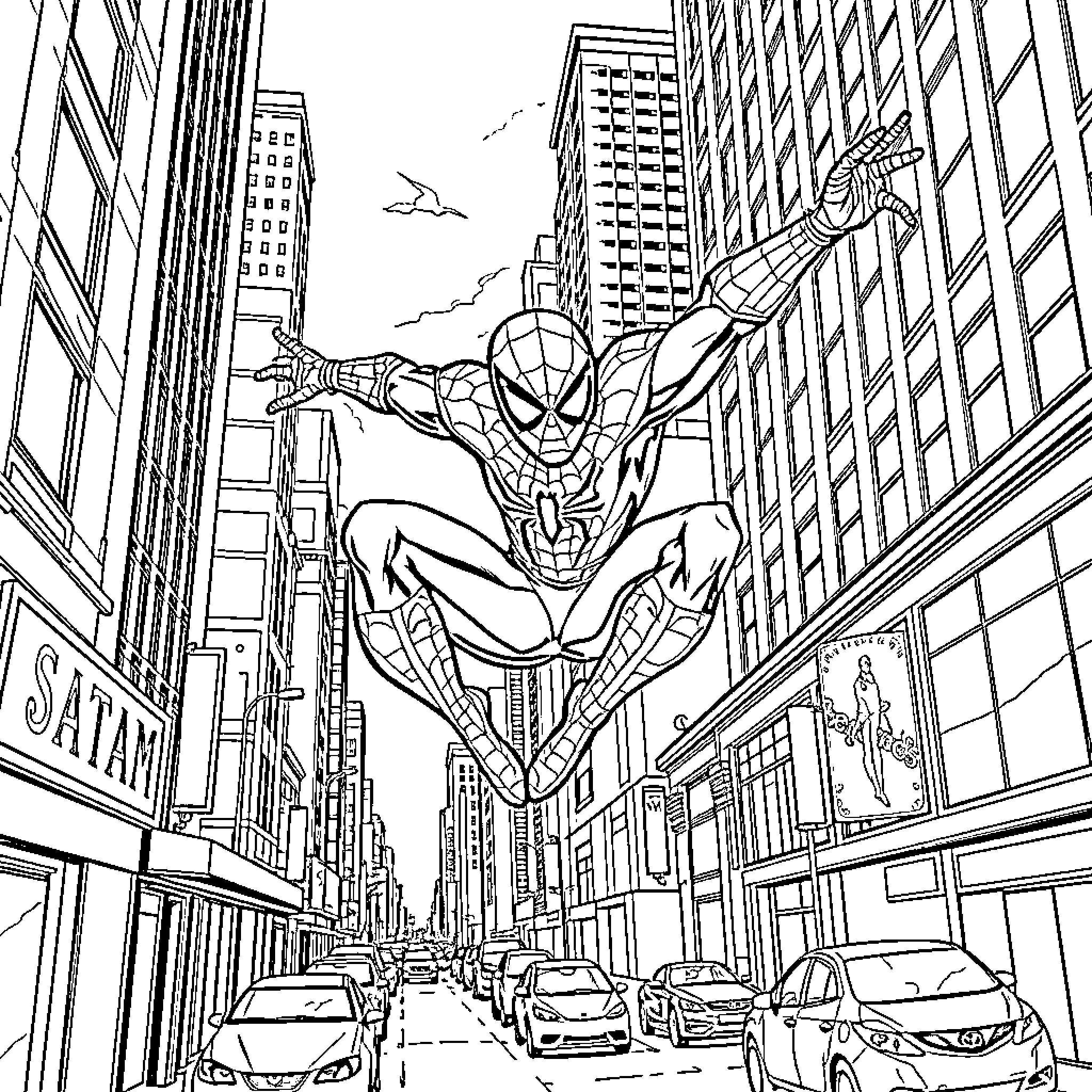 Spiderman swinging through the city streets Coloring Page (free black-and-white line drawing printable PDF for all, from beginners to advanced learners, including children, teens, adults, and seniors)