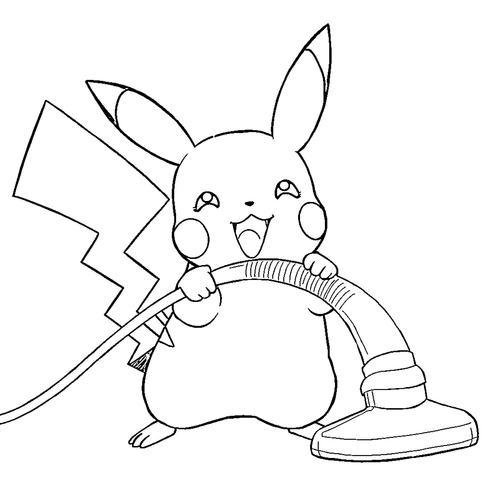Pikachu happily using a vacuum cleaner Coloring Page (free black-and-white line drawing printable PDF for all, from beginners to advanced learners, including children, teens, adults, and seniors)