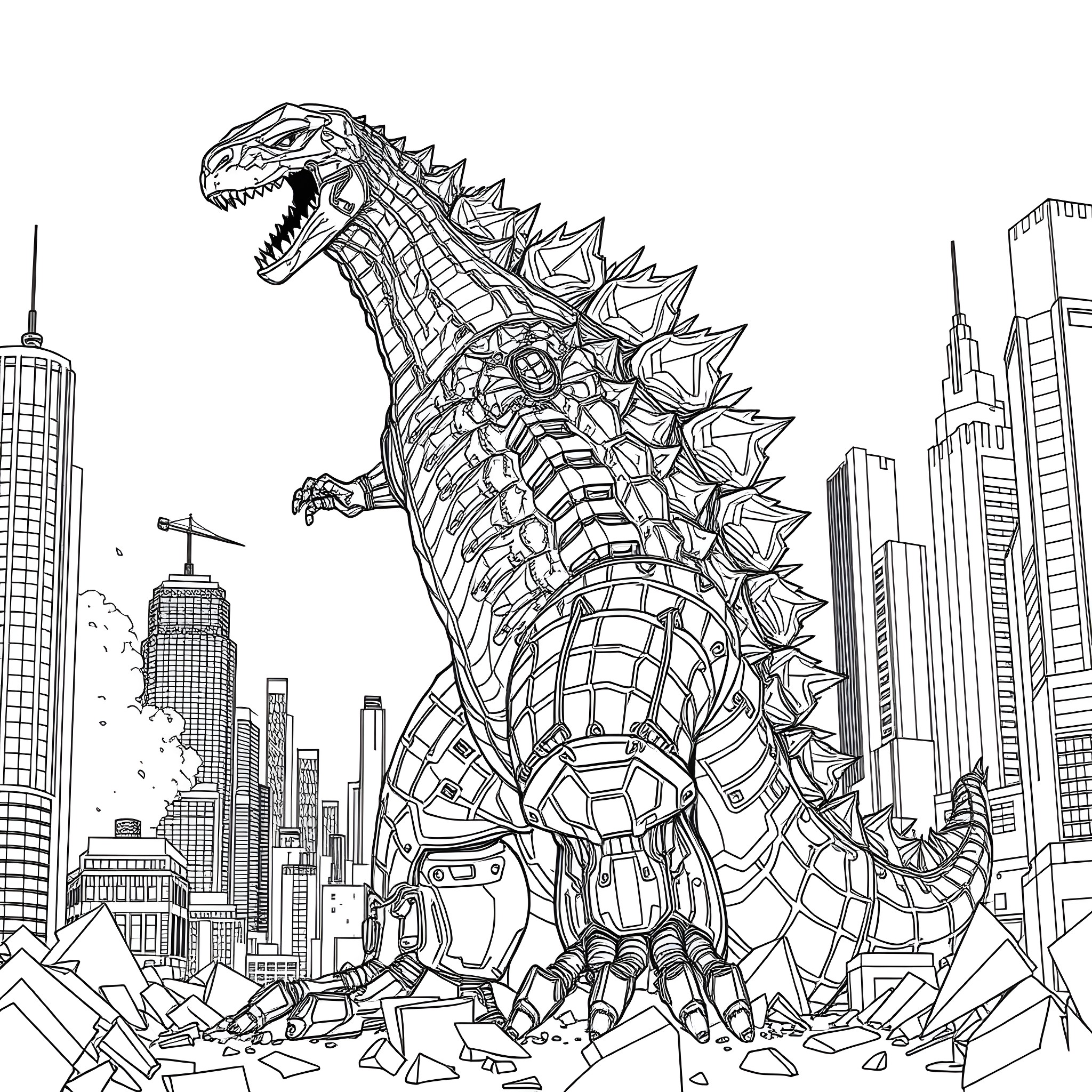 Robot Godzilla Rampaging through a Futuristic City Coloring Page (free black-and-white line drawing printable PDF for all, from beginners to advanced learners, including children, teens, adults, and seniors)