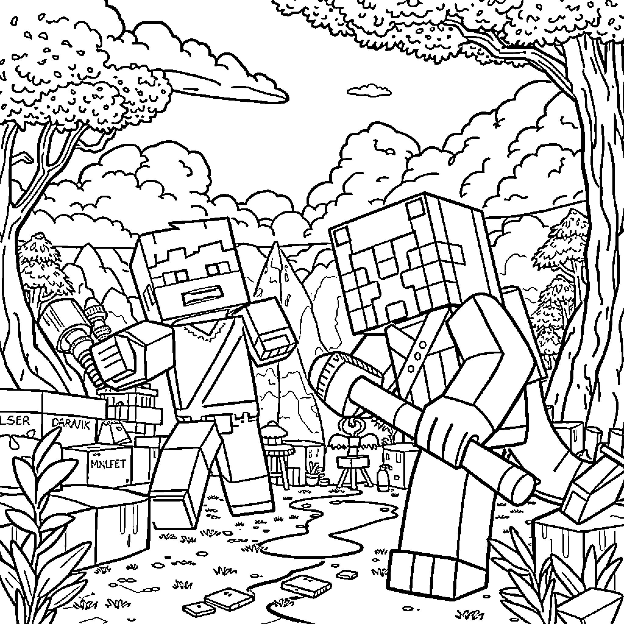 Fulham Blocks Characters Exploring Outdoor Landscape Coloring Page (free black-and-white line drawing printable PDF for all, from beginners to advanced learners, including children, teens, adults, and seniors)