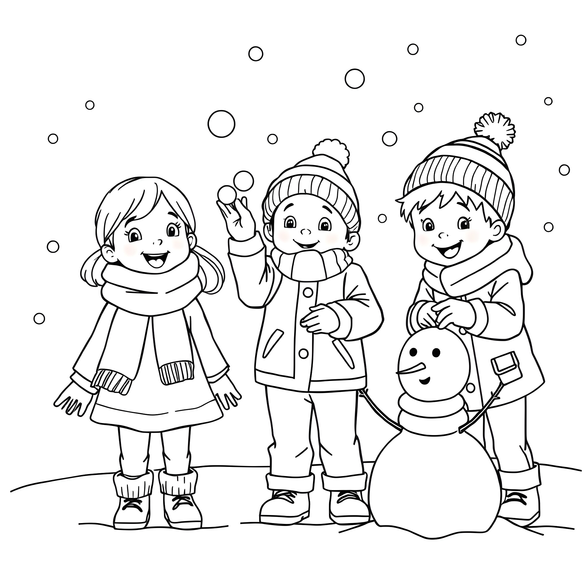 Kids playing in the snow with a snowman Coloring Page (free black-and-white line drawing printable PDF for all, from beginners to advanced learners, including children, teens, adults, and seniors)