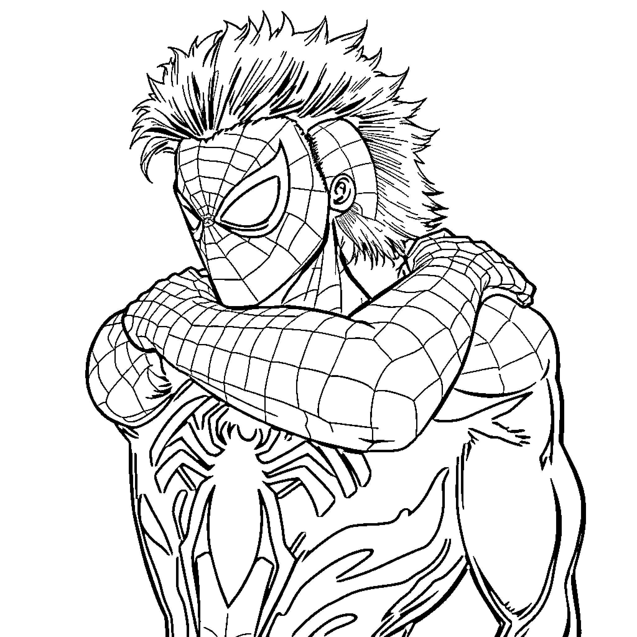 Spiderman in superhero action pose Coloring Page (free black-and-white line drawing printable PDF for all, from beginners to advanced learners, including children, teens, adults, and seniors)