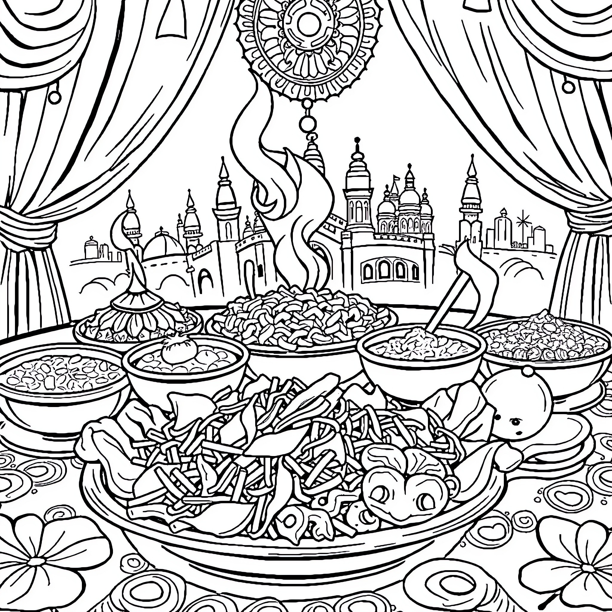 Food Preparation and Serving in Whimsical Setting Coloring Page (free black-and-white line drawing printable PDF for all, from beginners to advanced learners, including children, teens, adults, and seniors)