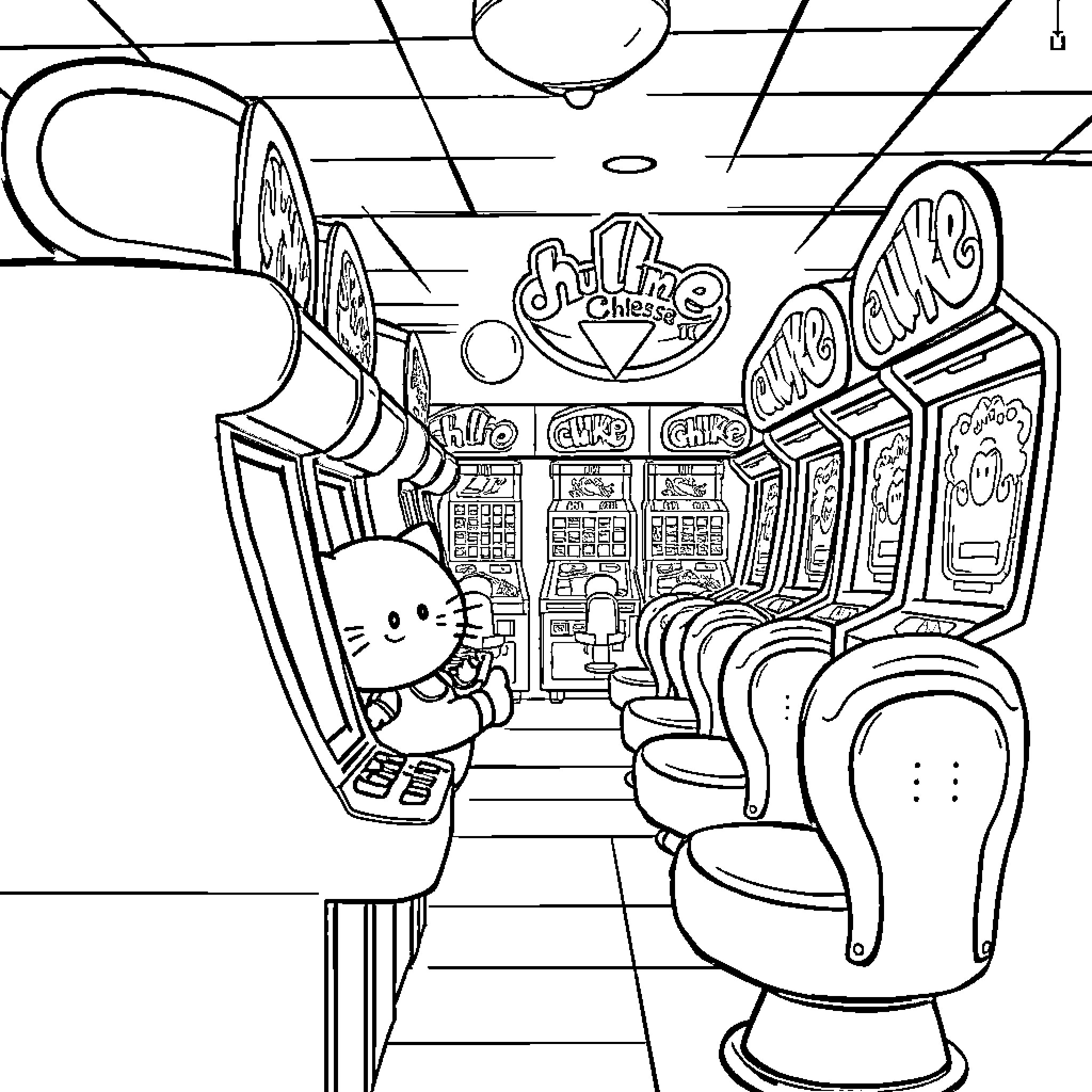 Hello Kitty's Arcade Adventure Coloring Page (free black-and-white line drawing printable PDF for all, from beginners to advanced learners, including children, teens, adults, and seniors)